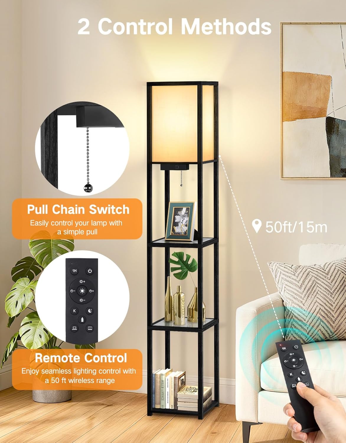 Thumbnail 3 de OUTON Stehlampe mit Glasablagen – LED-Stehleuchte mit USB-C & USB-A, Fernbedienung, 4 Farbtemperaturen