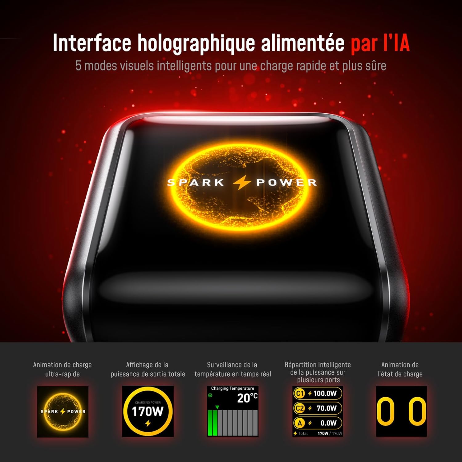 Detalle de AOHI SUPERAUTO 170W: Chargeur voiture USB-C avec affichage intelligent – PD 3.1 140 W, 170 W total (Gris)
