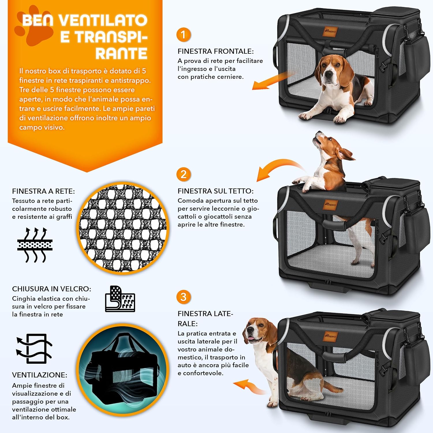 Detalle de TRESKO® Box per cani pieghevole con tappetino e spatola: trasportino robusto per cani e gatti di tutte le taglie (M, 61 x 42 x 42 cm) – nero
