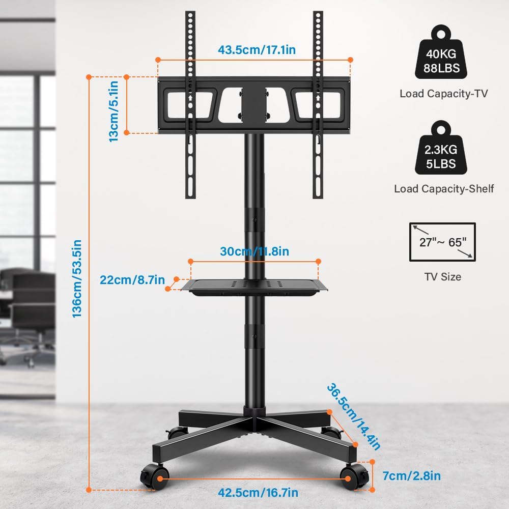 Detalle de KKTONER ZC1040 Mobile TV Cart with 360° Casters, 15° Tilt and 400 × 400 mm VESA