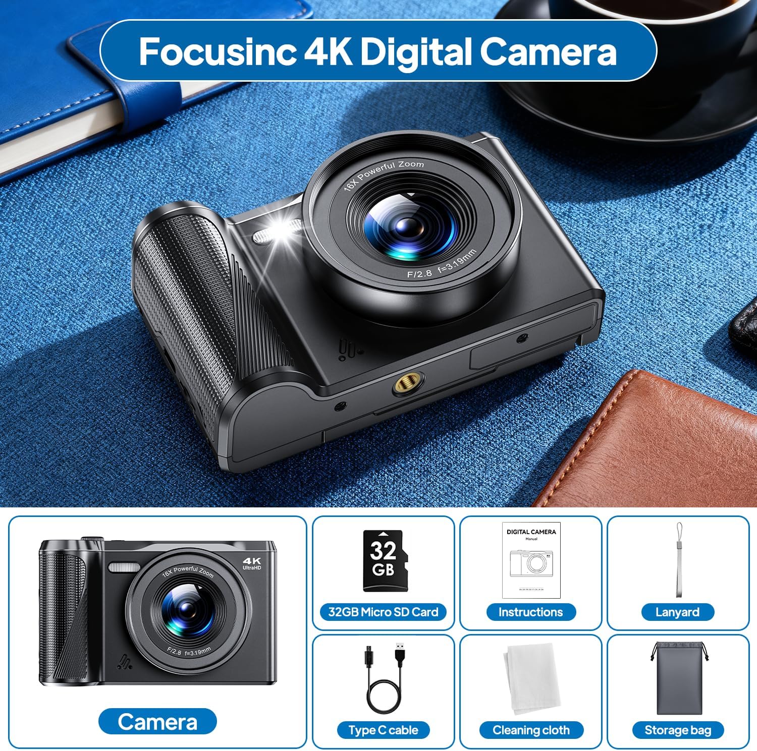 Thumbnail 5 de Focusinc 4K 56MP Digital Camera with 3" 180° Flip Screen, Autofocus & 16x Zoom for Vlogging