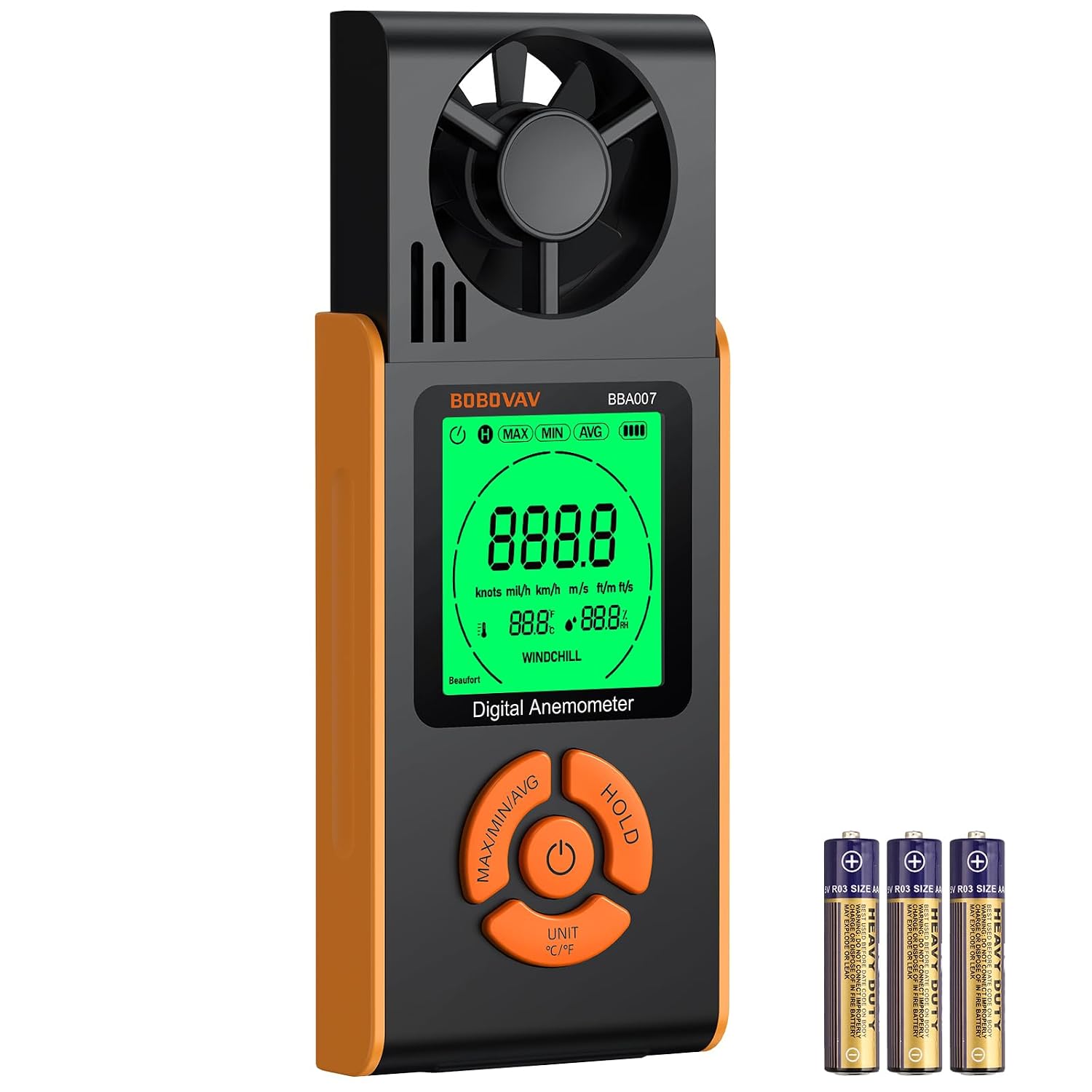 Detalle de BOBOVAV handheld anemometer, 6 wind speed units
