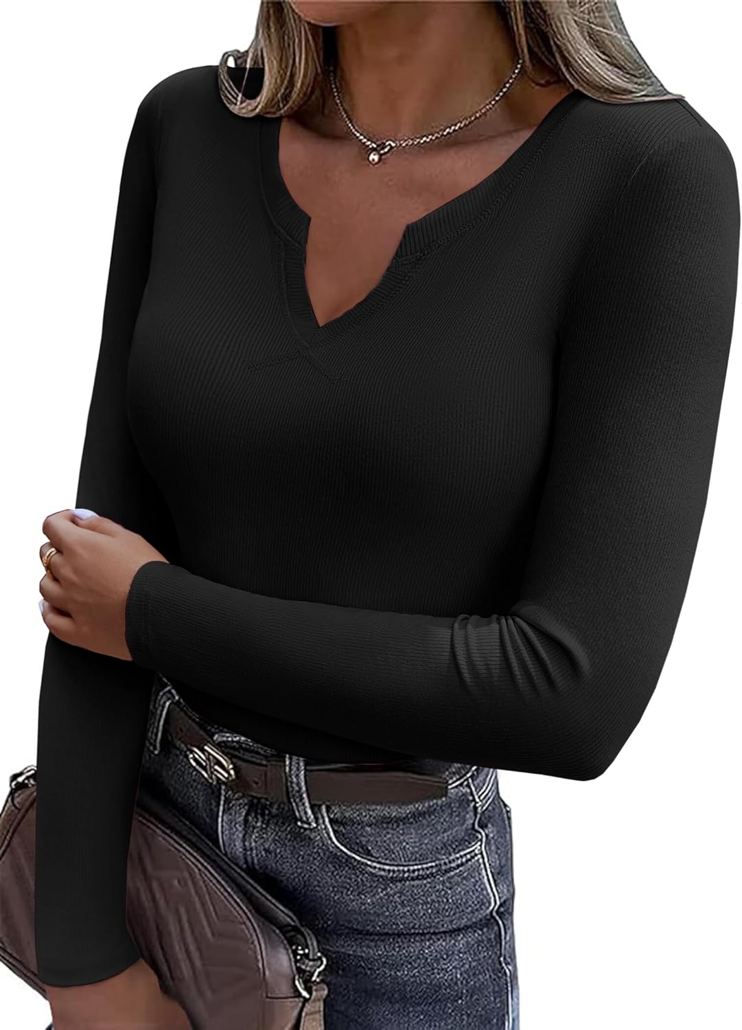 Detalle 2 de Zeagoo V-Neck Rib Knit Slim Fit Top