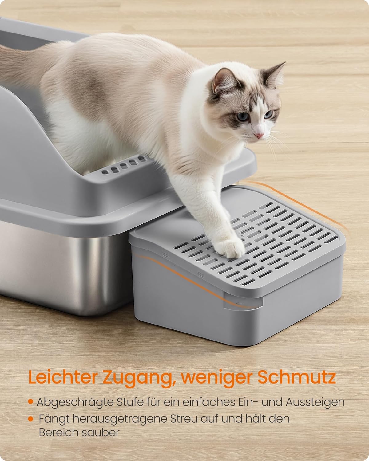 Thumbnail 4 de Feandrea Katzenklo aus Edelstahl mit hohen Seitenwänden, Trittstufe & Zubehör – für Katzen bis 15 kg, schiefergrau