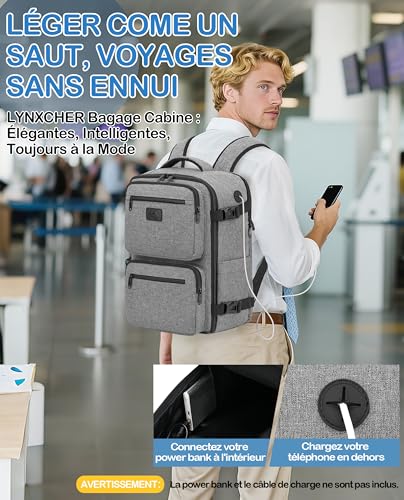 Detalle de LYNXCHER Sac à dos cabine avion 40x30x20 – Anti-vol, compartiment PC 15,6