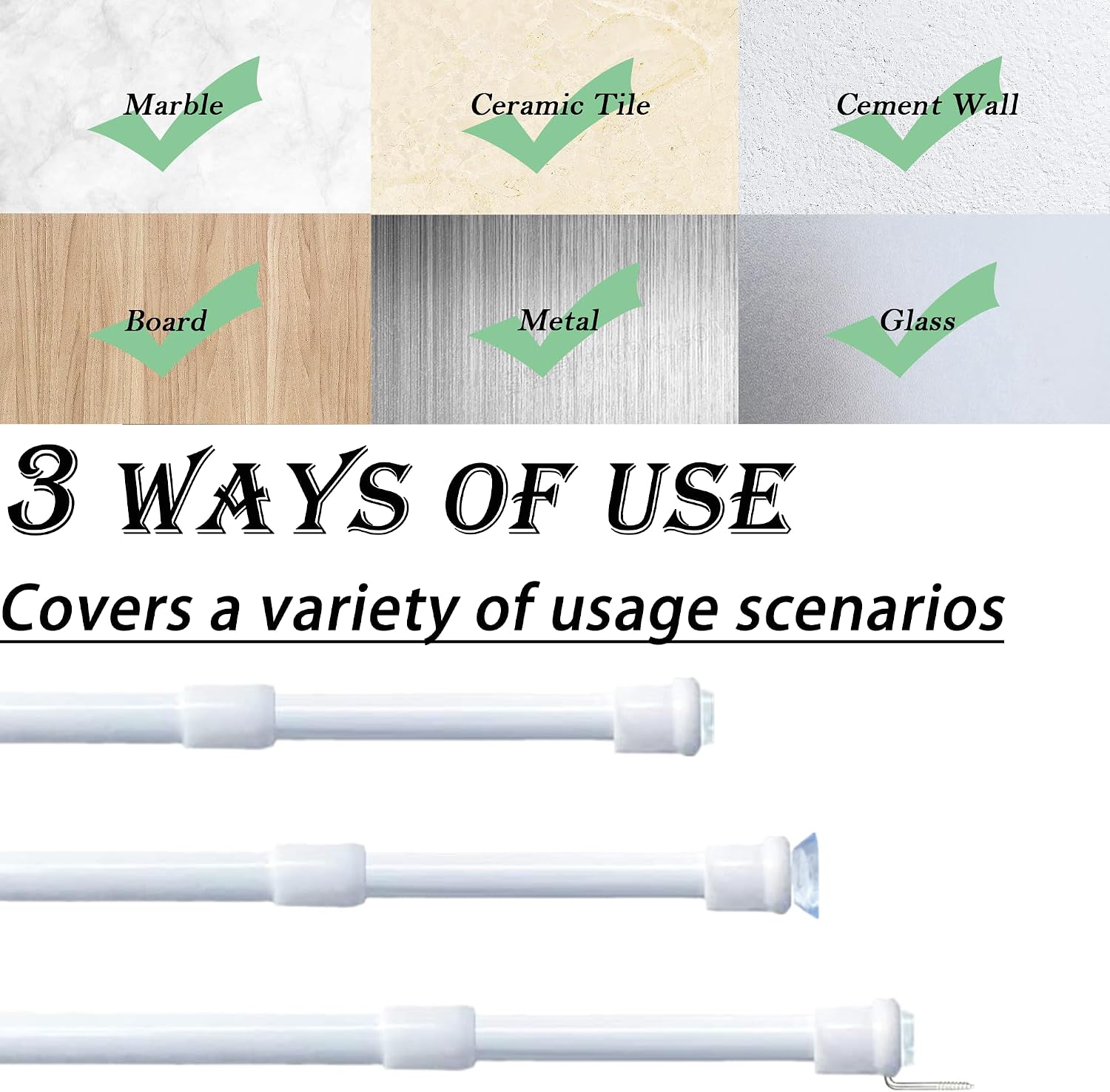 Detalle 2 de GDEVKHN 30-45 cm Curtain Tension Rods, White Metal, Pack of 2