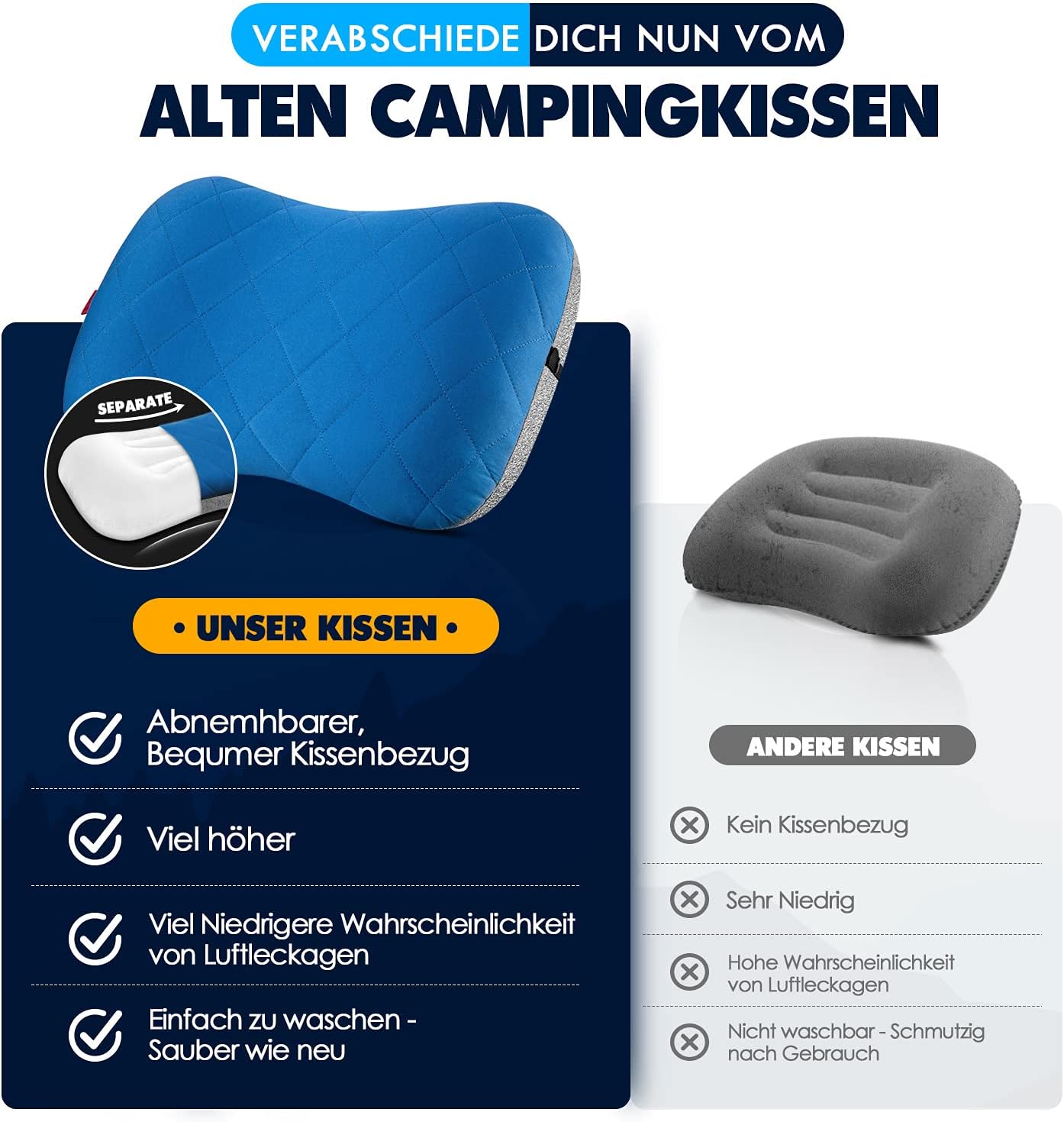 Detalle de HIKENTURE Aufblasbares Camping- & Reisekissen mit abziehbarem Kissenbezug (blau) – One Size