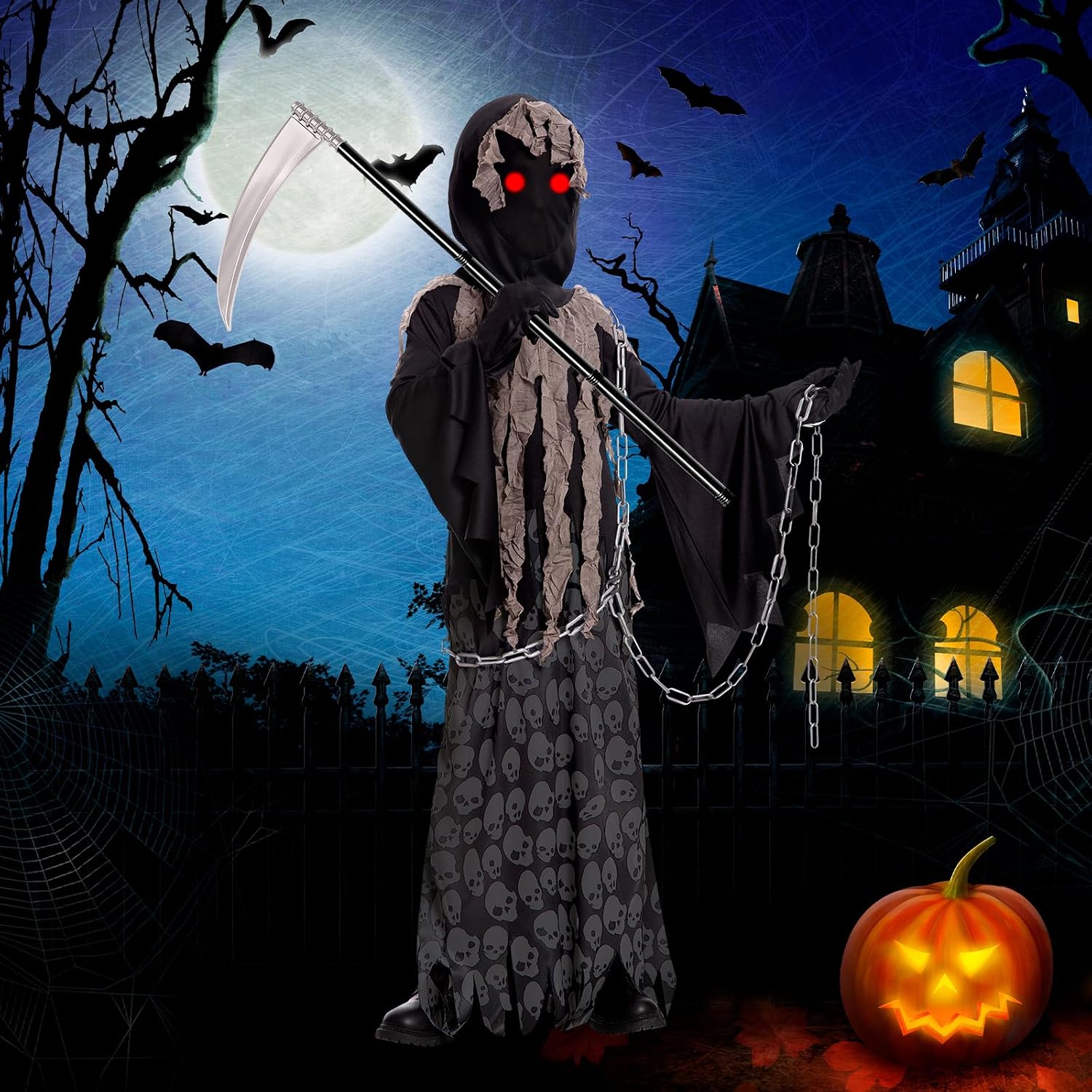 Detalle 1 de Lomesion Kids' Grim Reaper Costume with Glowing Red Eyes, Chain and Scythe
