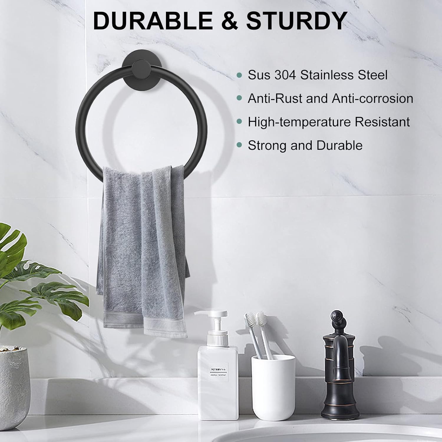 Detalle 2 de SetSail k009 Tr-BK-2p-SS Wall-Mounted Towel Rings, Matte Black, 2-Pack