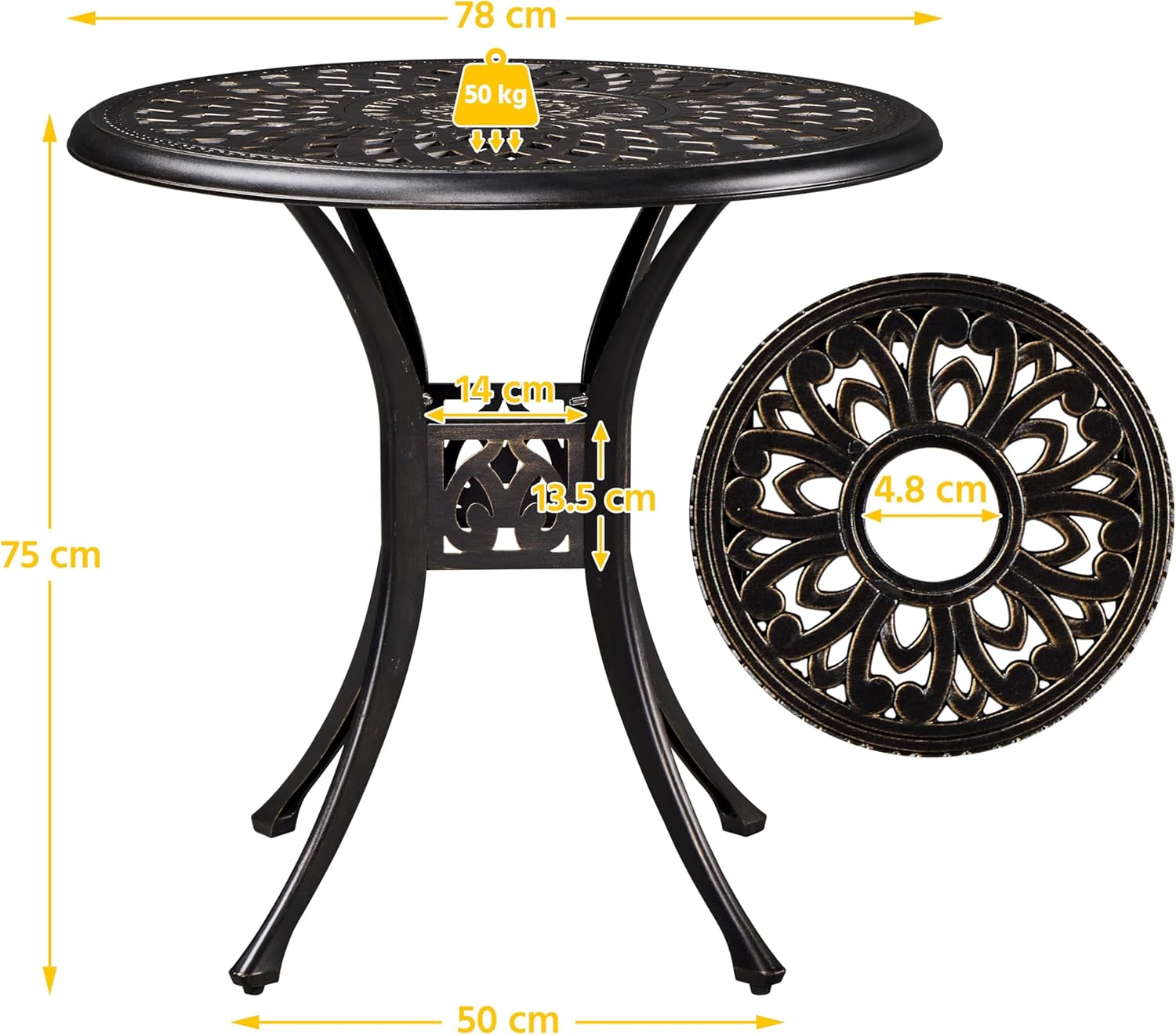 Thumbnail 3 de Yaheetech Table de jardin ronde design vintage en aluminium bronze, avec trou pour parasol et patins réglables (Ø 78 cm)