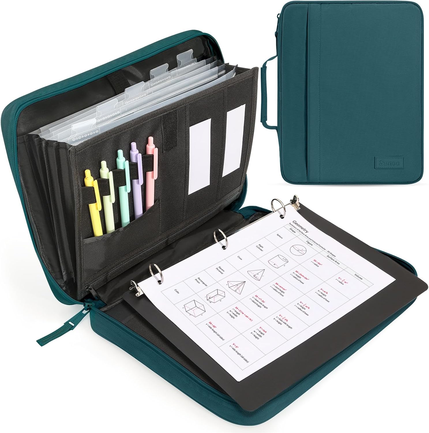 Detalle de SUNEE Zipper Binder, 1-Inch Removable O-Ring, 5 Dividers, Dark Teal-Green