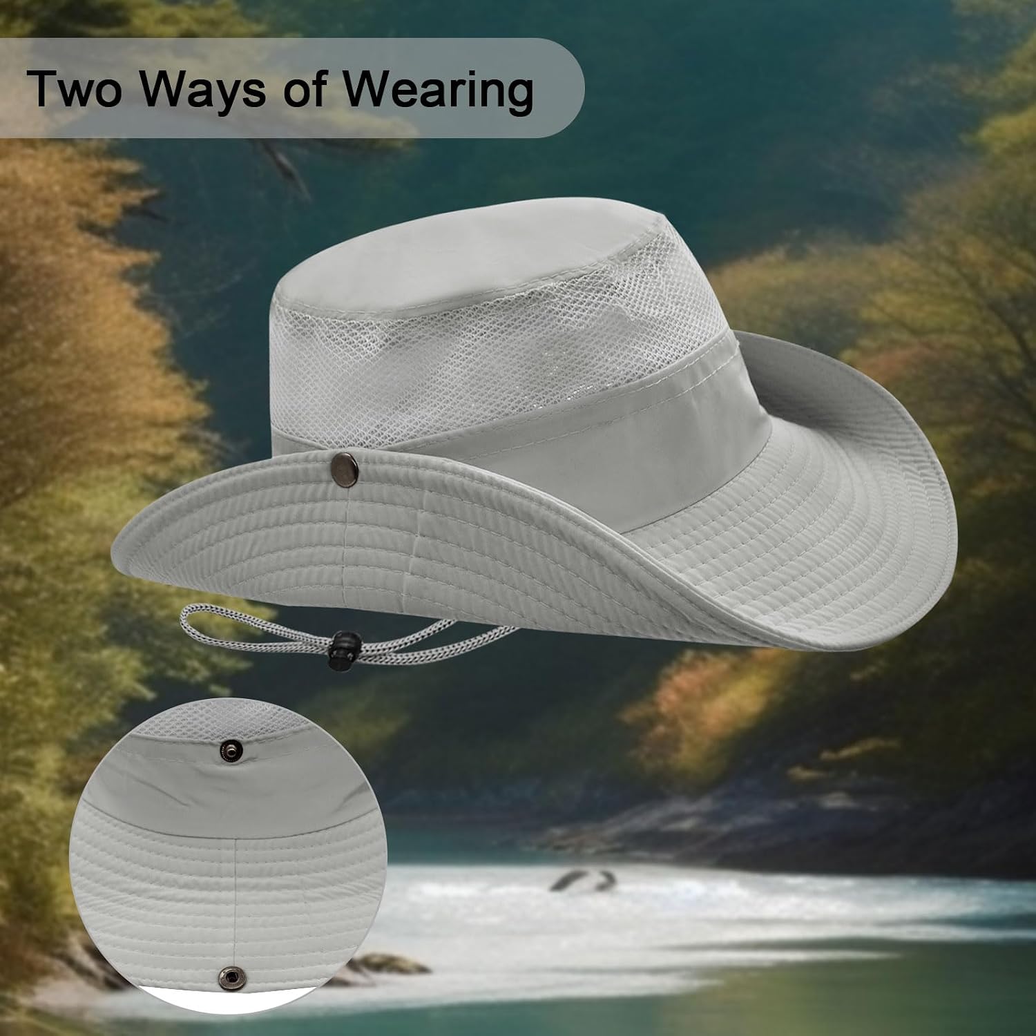 Detalle de LJCZKA Sun Hat Men with Adjustable Chin Strap – Wide Brim Polyester Bucket Hat
