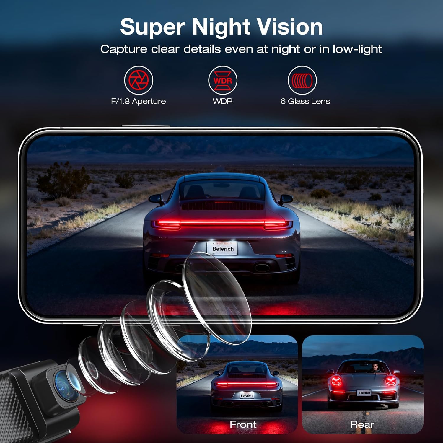 Detalle de Beferich 4K Dash Cam Front and Rear with 64GB, GPS, and 5.8GHz WiFi