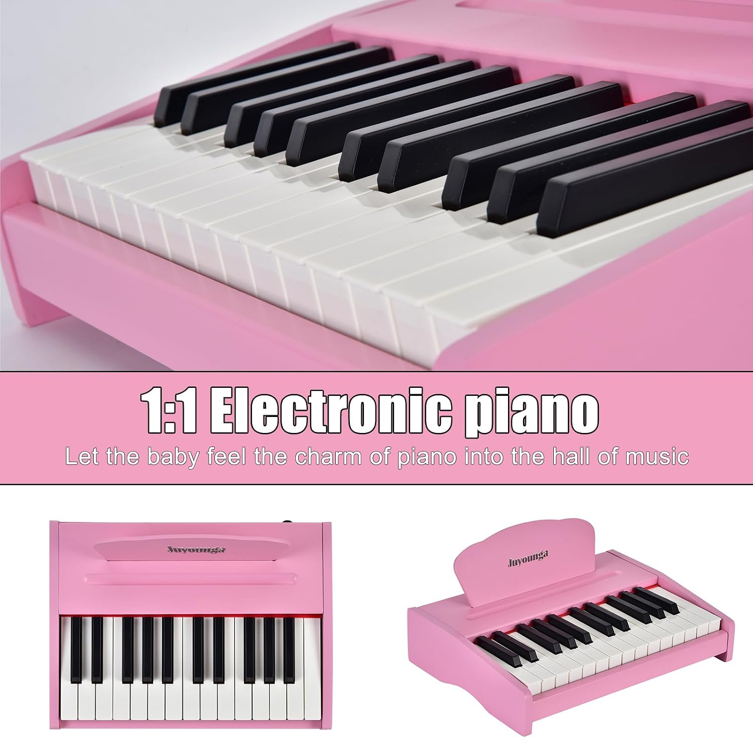 Detalle de Kids Piano Keyboard Toys – 25-key digital wooden piano with songbook, sticker set and English lyrics (Pink)