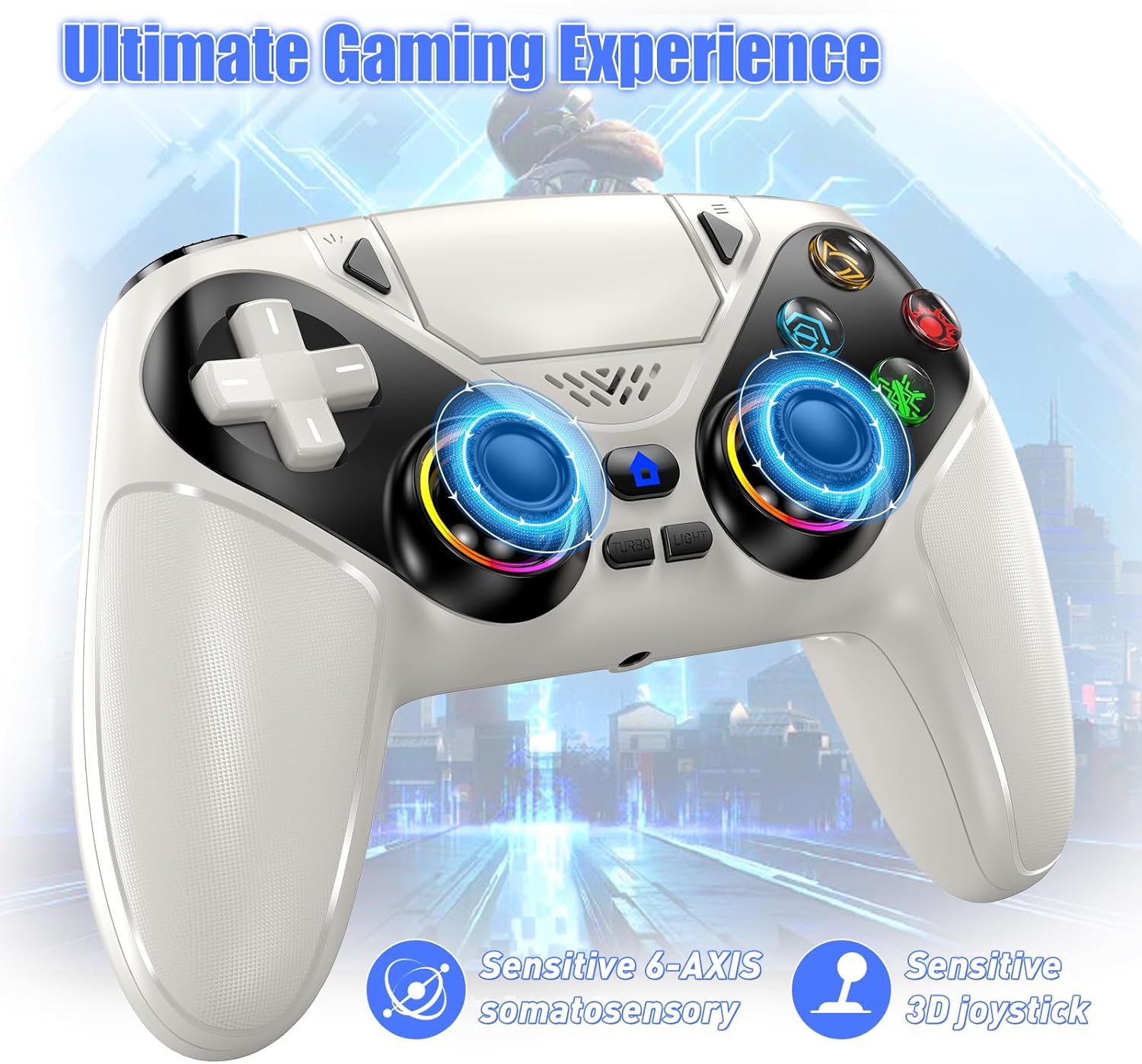 Thumbnail 1 de Dinosoo RGB Wireless Controller for PS5/Pro/Slim & PC — Back Buttons, Touchpad, Macro, Turbo, 6‑Axis, Speaker (White)