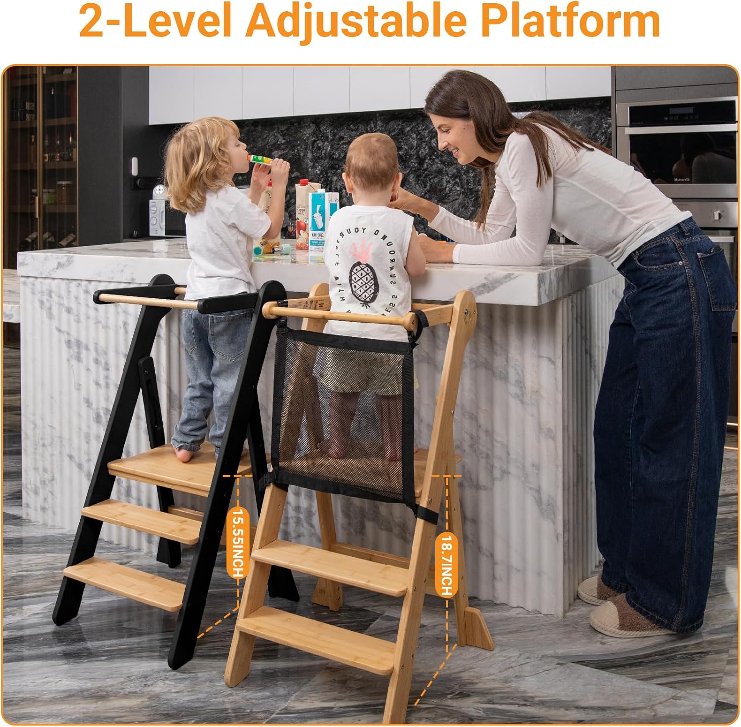 Thumbnail 3 de COSYLAND Foldable Toddler Standing Tower with Adjustable Height and Safety Net, Ages 18 Months–6 Years