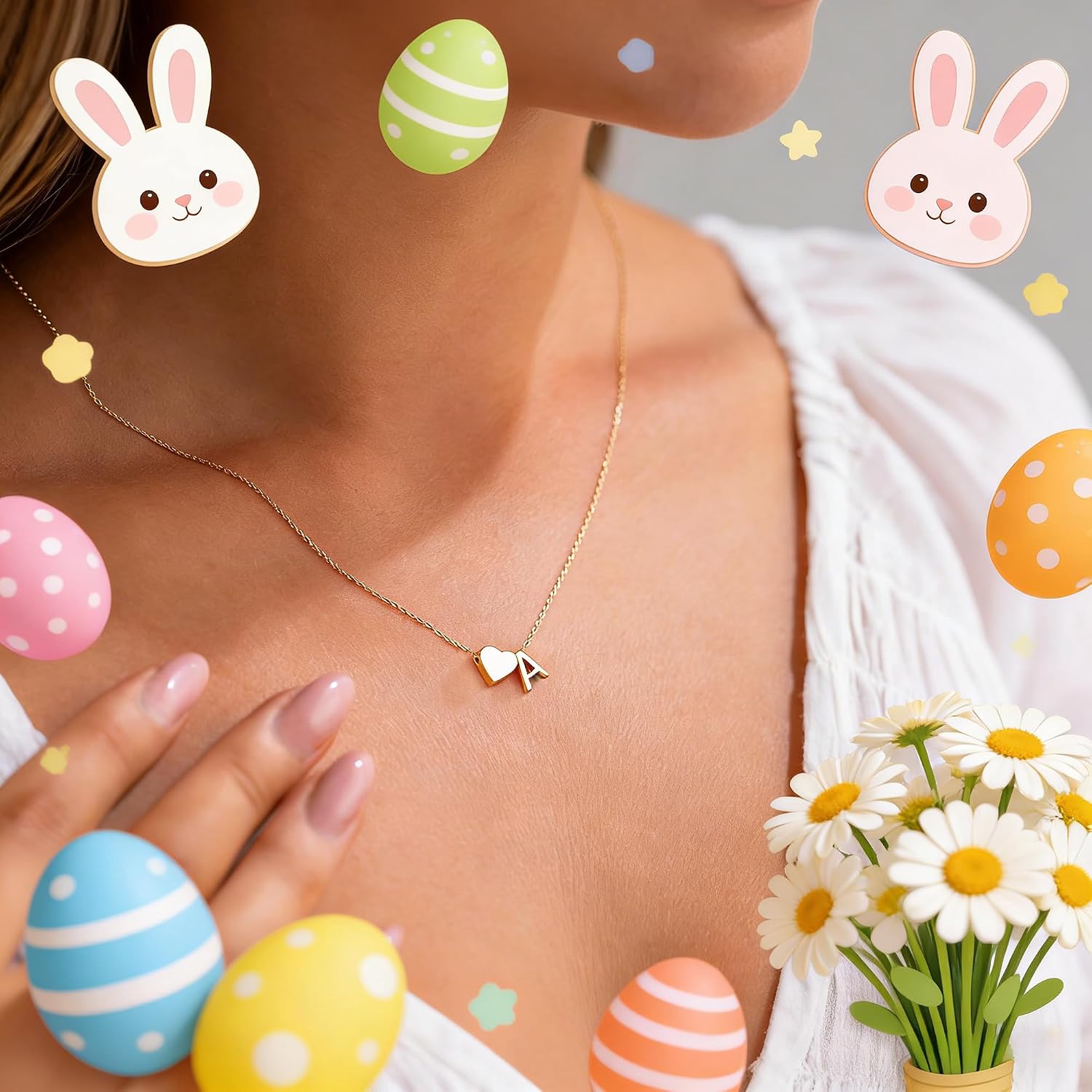 Detalle de Turandoss Herz-Initialen-Kette mit Buchstaben A–Z in 14K Gold/Weißgold-vergoldeht – Ostern-Geschenk für Frauen