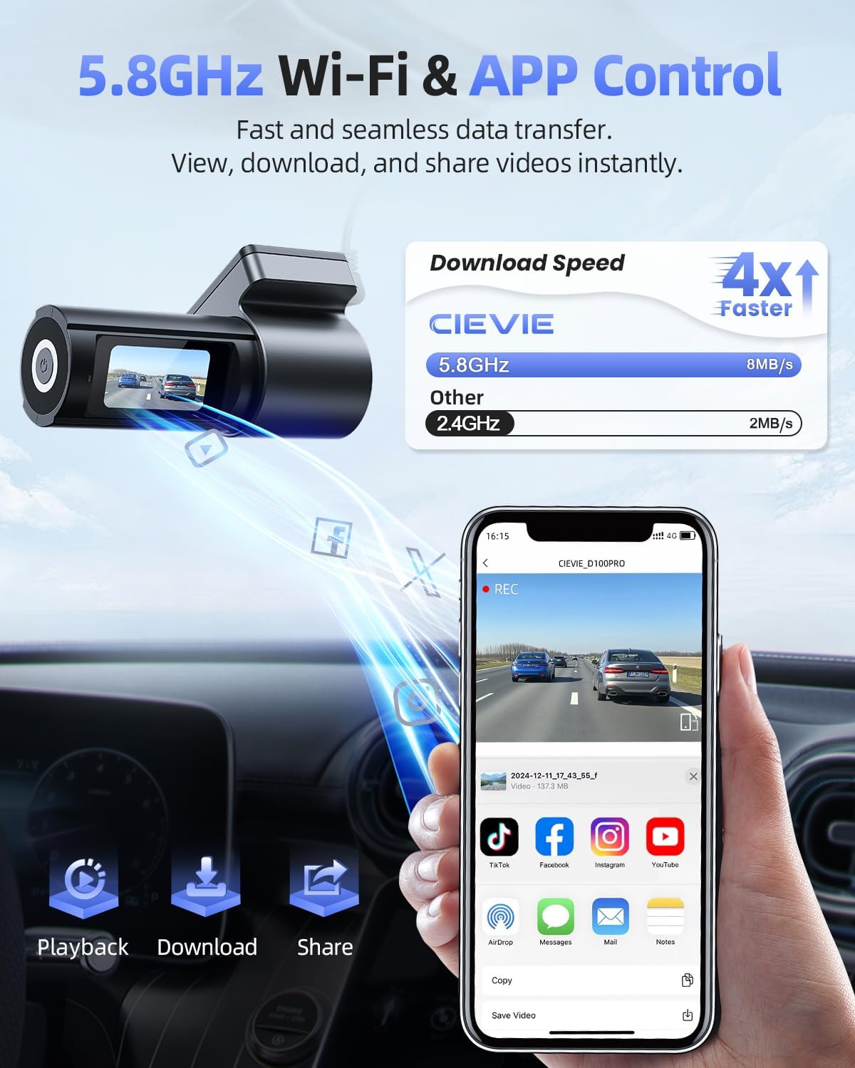 Detalle de CIEVIE 4K Dash Cam Front and Rear with GPS, 5GHz WiFi, 64GB SD Card and 1.5" IPS Screen
