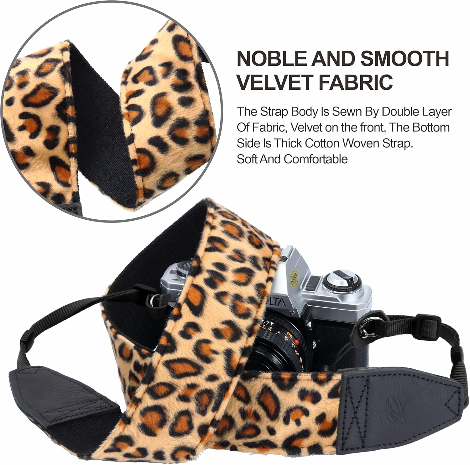 Detalle de Padwa Lifestyle Leopard Print Velvet Camera Strap – 2" Double Layer Full Grain Cowhide Head, Adjustable 32–61