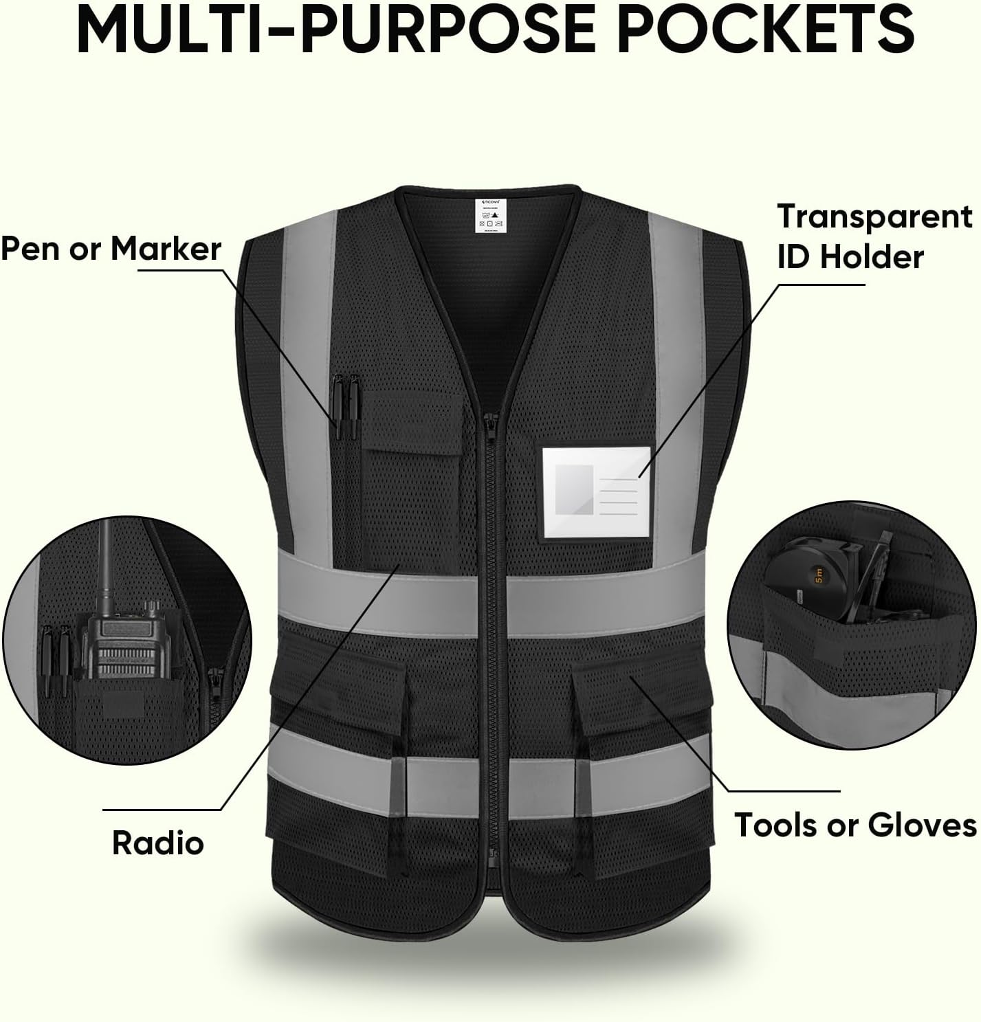 Detalle 2 de TICONN SV-1 ANSI Class 2 Reflective Safety Vest with Mesh and Pockets
