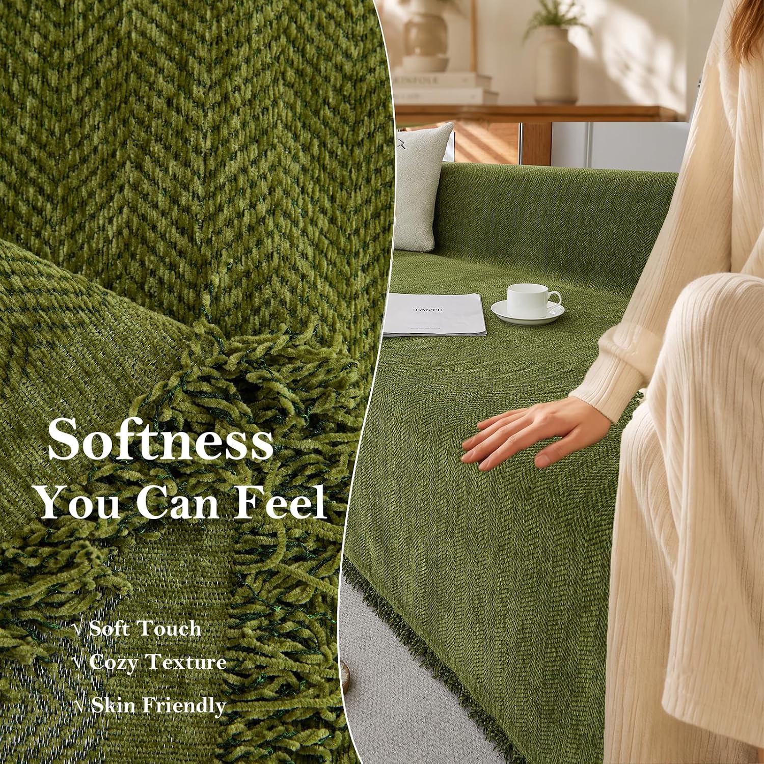 Thumbnail 3 de YHUKB Thick Chenille Sofa Cover, Green Geometric, 71 x 134 in