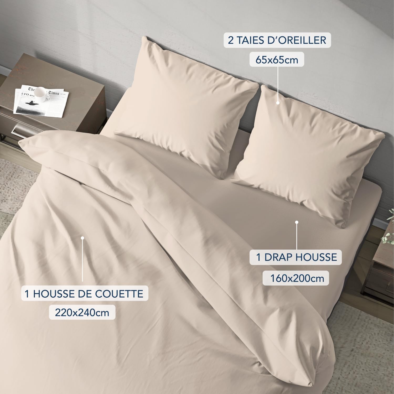 Detalle de Parure de lit Dreamzie 160 x 200 cm (4 pièces) microfibre Oeko-Tex : housse de couette 240x220 + drap housse