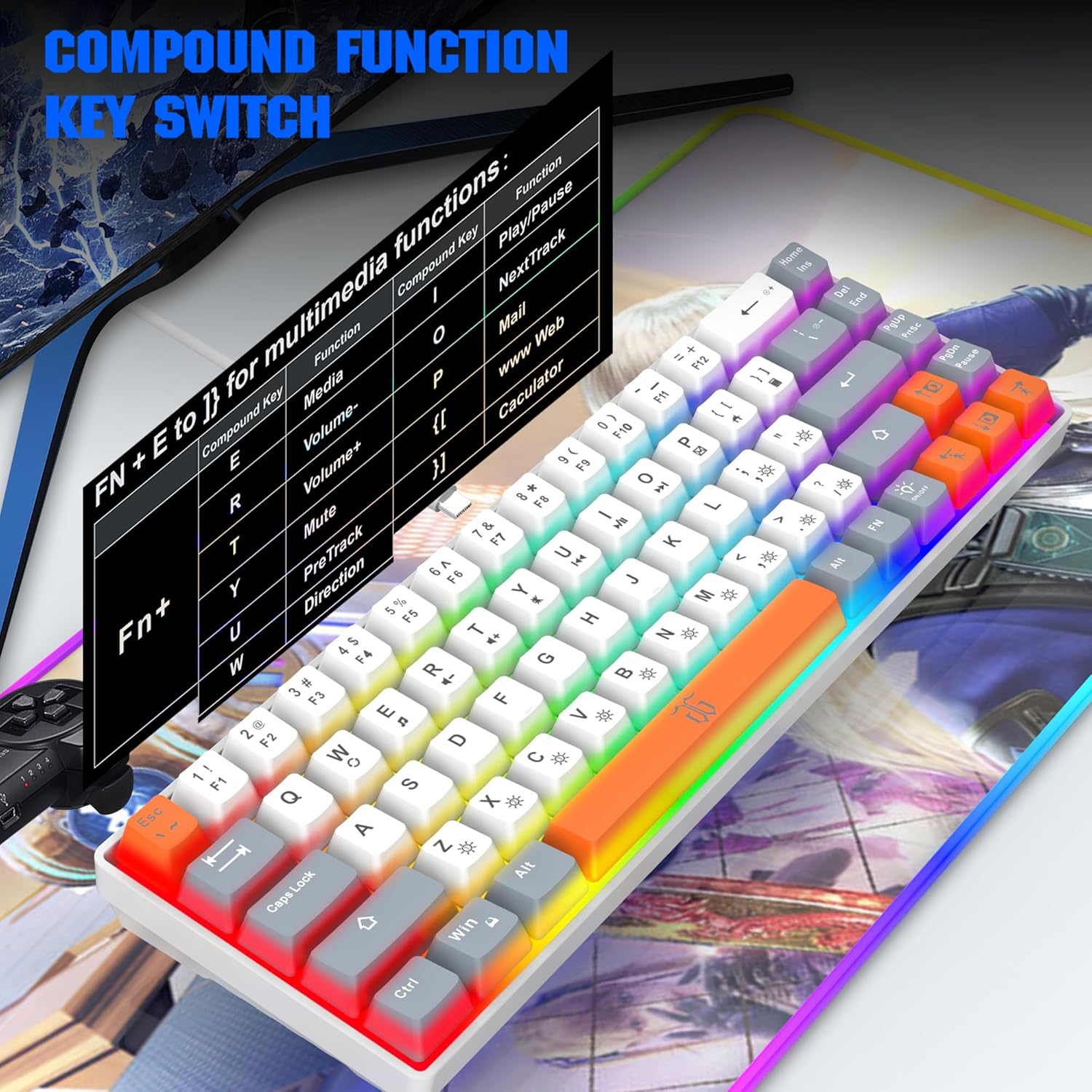 Thumbnail 6 de Snpurdiri 60%-Gaming-Tastatur (68) im kompakten Layout ohne Ziffernblock – Weiß/Grau/Orange