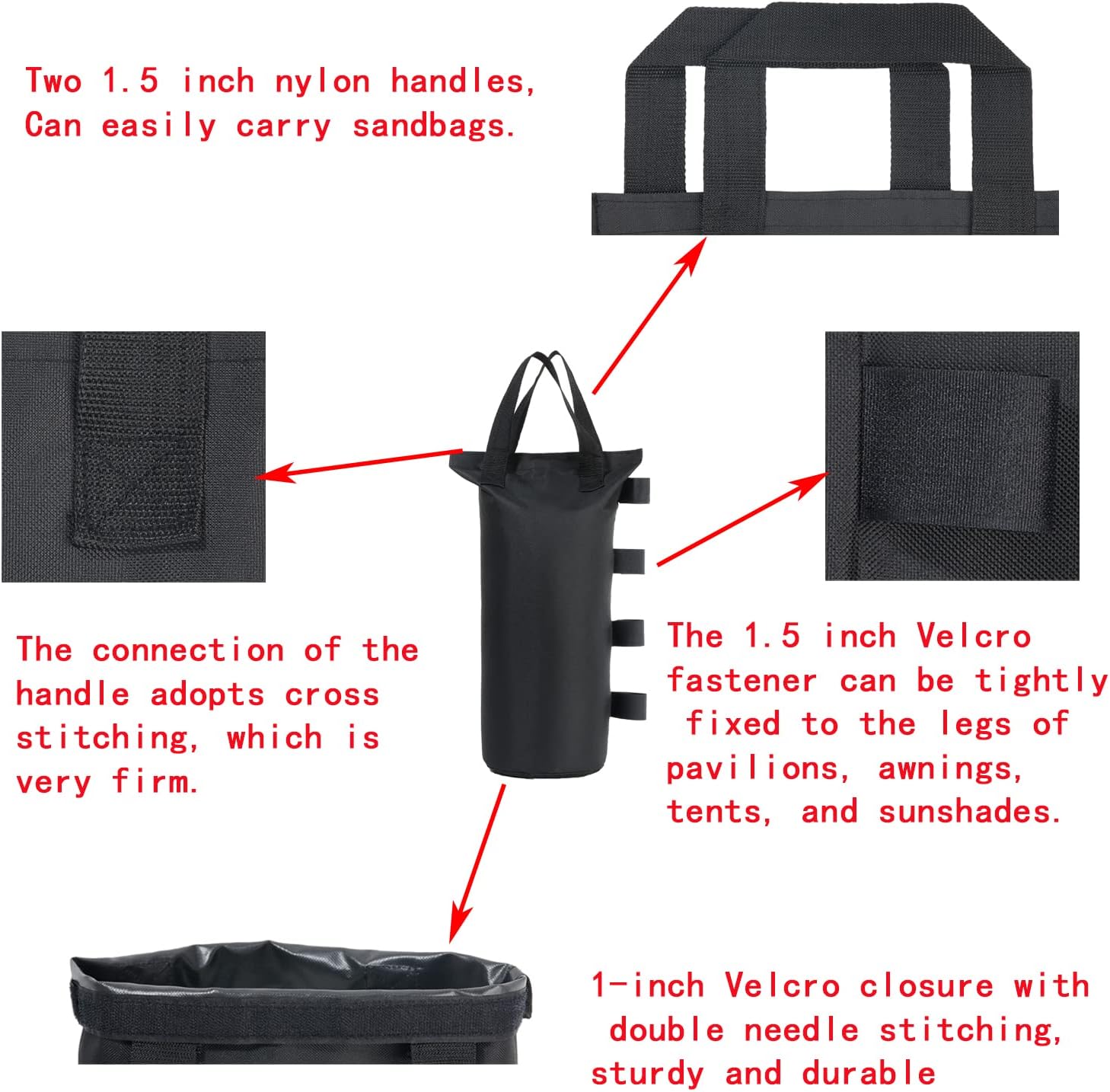 Detalle de YELAIYEHAO Heavy Duty Sandsäcke – 4 Stück, 7,9 x 19,7 Zoll, Schwarz, 50 Pfund Kapazität, doppelt genähte Tasche