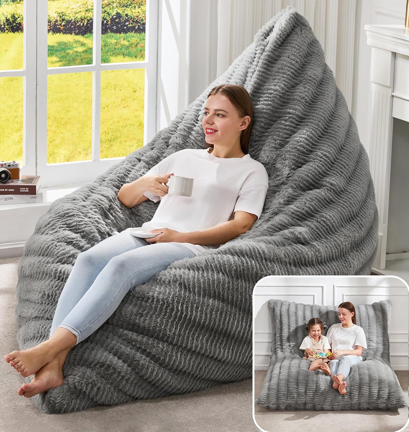 Thumbnail 5 de Hobestluk NEW035 3-in-1 Convertible Bean Bag Chair, Ripple Gray, Washable Cover