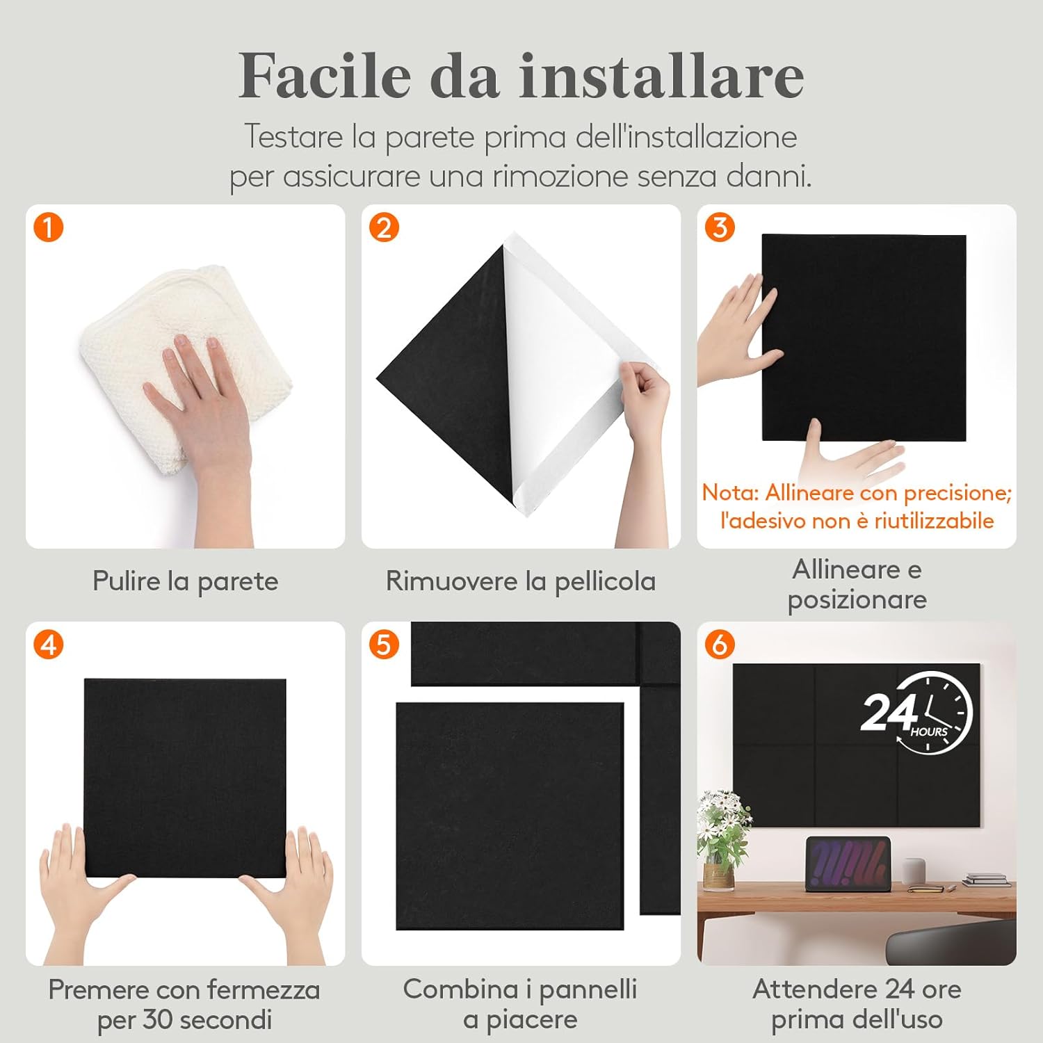 Thumbnail 6 de Lifewit Bacheca in feltro adesiva, set da 6 pannelli 30x30 cm con puntine incluse (Nero intenso)