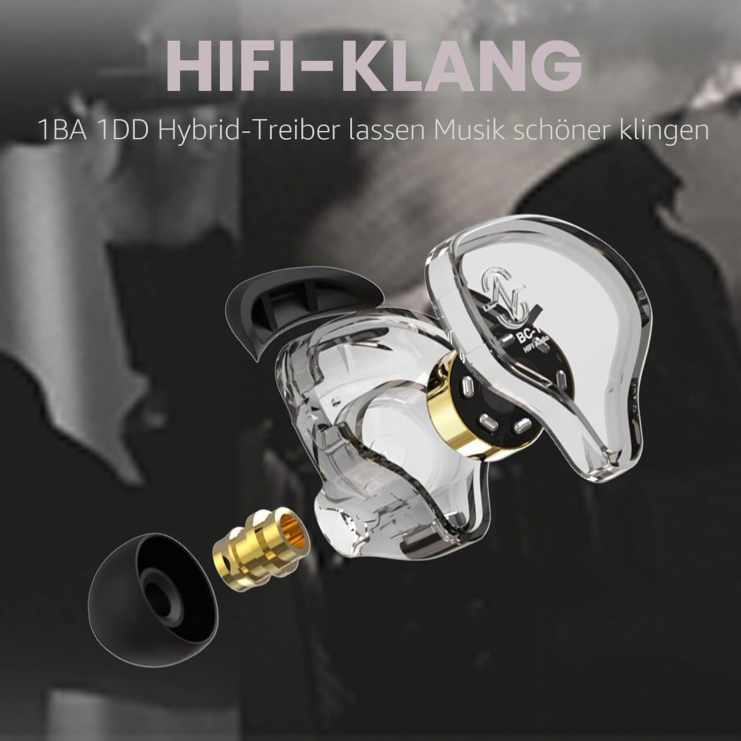 Detalle 2 de CCZ Melody In-Ear-Monitore – kabelgebundene Hybrids mit 1DD 1BA, Low-Weight IEM mit Ohrflossen