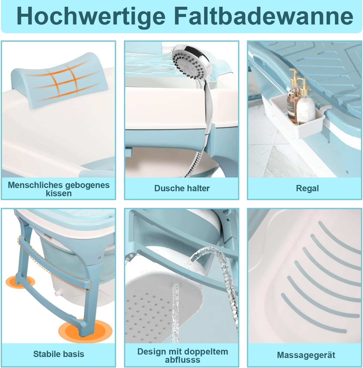 Detalle de Cecaylie Vasca da bagno portatile pieghevole per adulti con coperchio e cestino – 118 x 60 x 50 cm, blu