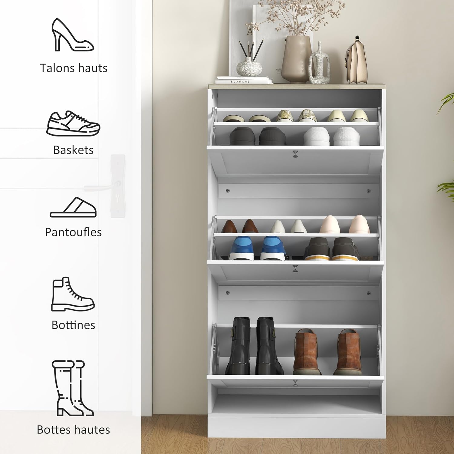 Thumbnail 5 de HOMCOM Meuble à Chaussures 18 Paires – Armoire étroite, 3 tiroirs rabattables et étagères réglables, 60 × 23,5 × 115 cm, Blanc