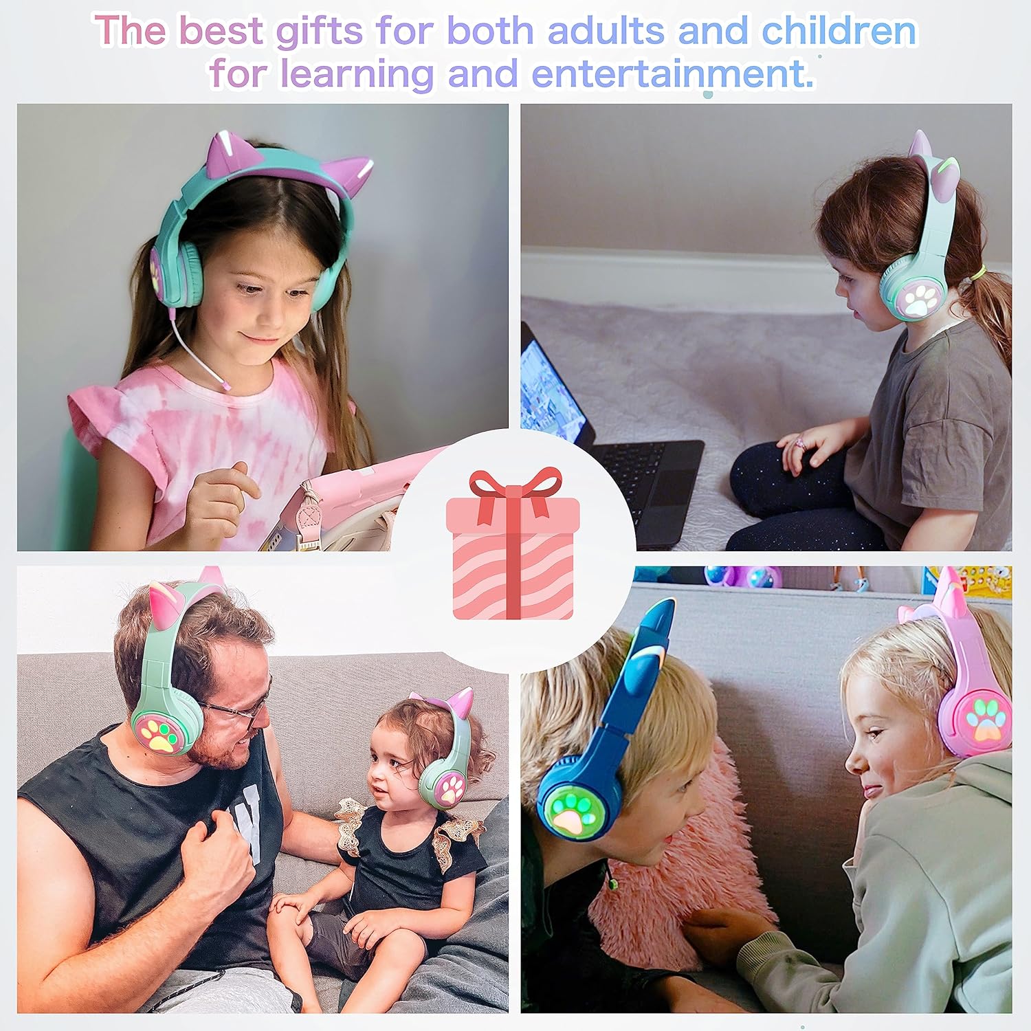 Detalle 2 de Riwbox CF9 Cat Ear Kids Bluetooth Headphones with LED, 85dB Safe Volume Limit, Built-in Mic (Purple)