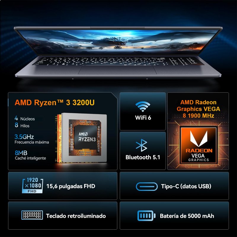 Detalle 2 de Vanwin 15.6" AMD Ryzen 3 – Laptop Táctil 360° con Windows 11