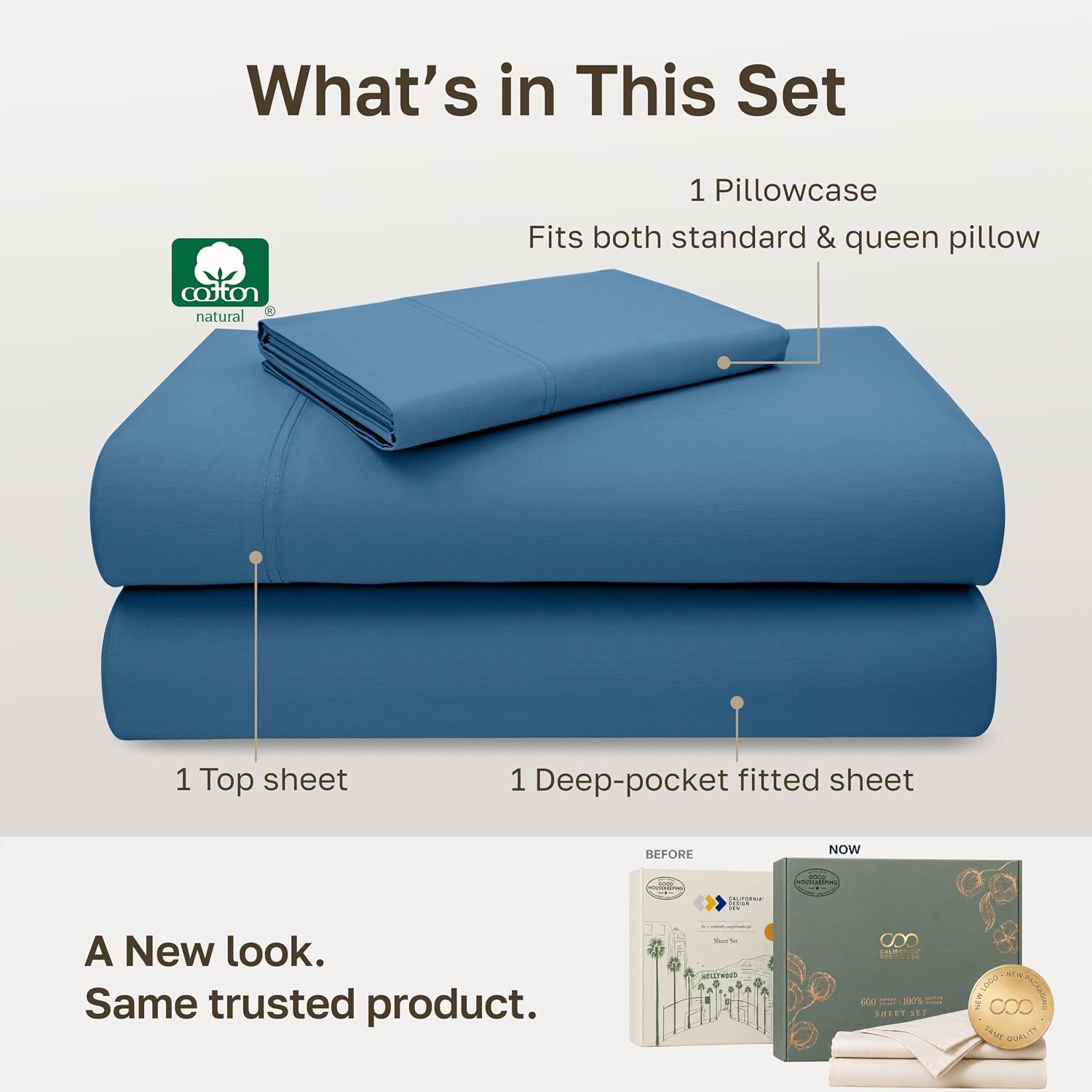Detalle de California Design Den 840307190468 Twin Sheet Set, 600-Thread-Count Cotton Sateen