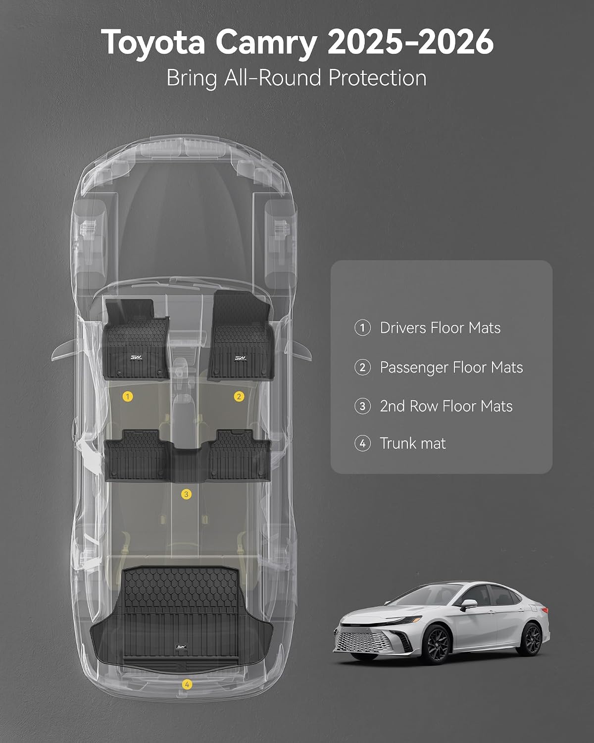 Thumbnail 4 de 3W Custom Fit All-Weather Floor Mats & Cargo Liner for Toyota Camry 2025–2026