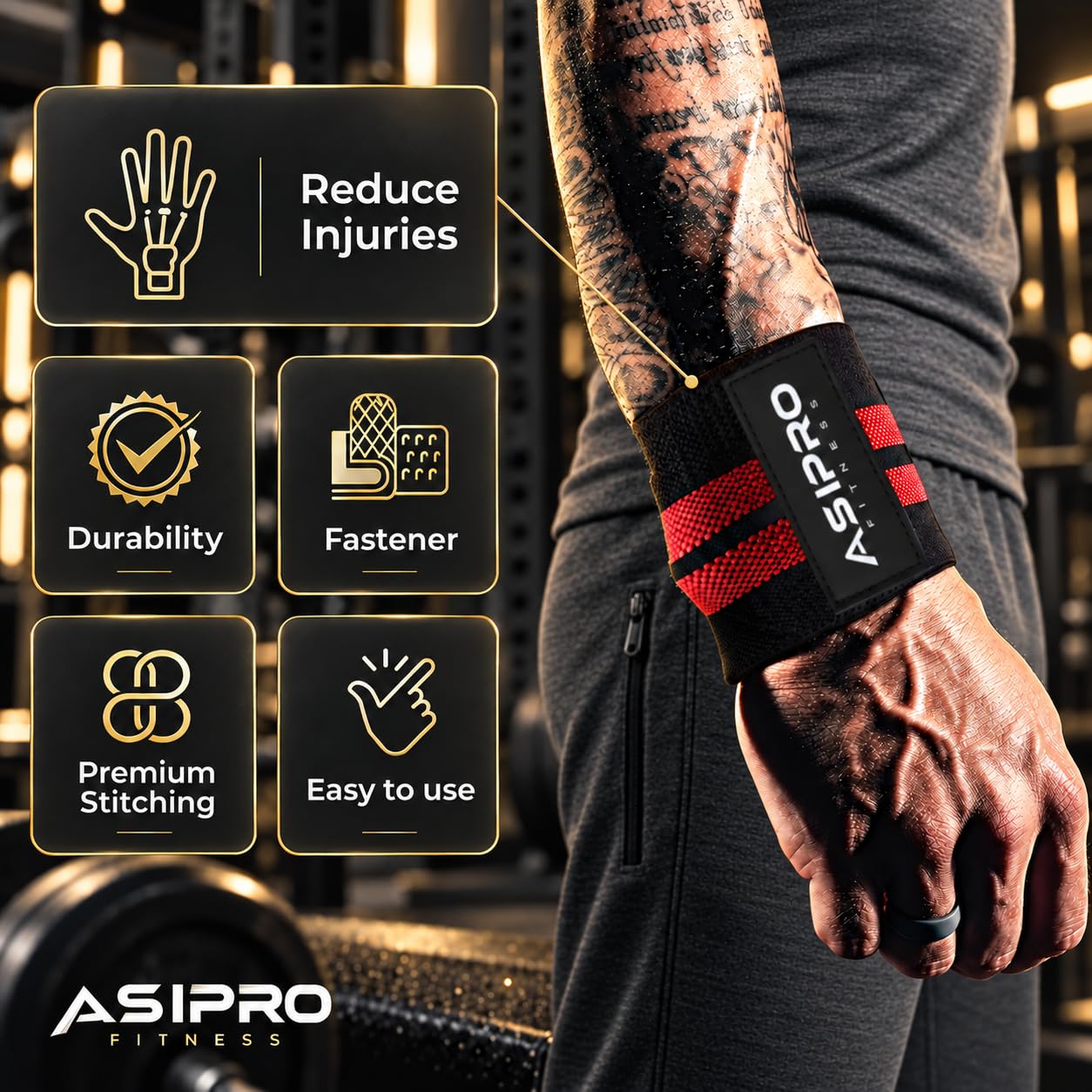 Detalle 2 de ASIPRO Rouge et Noir Wrist Wraps, Cotton-Polyester Support in Red & Black