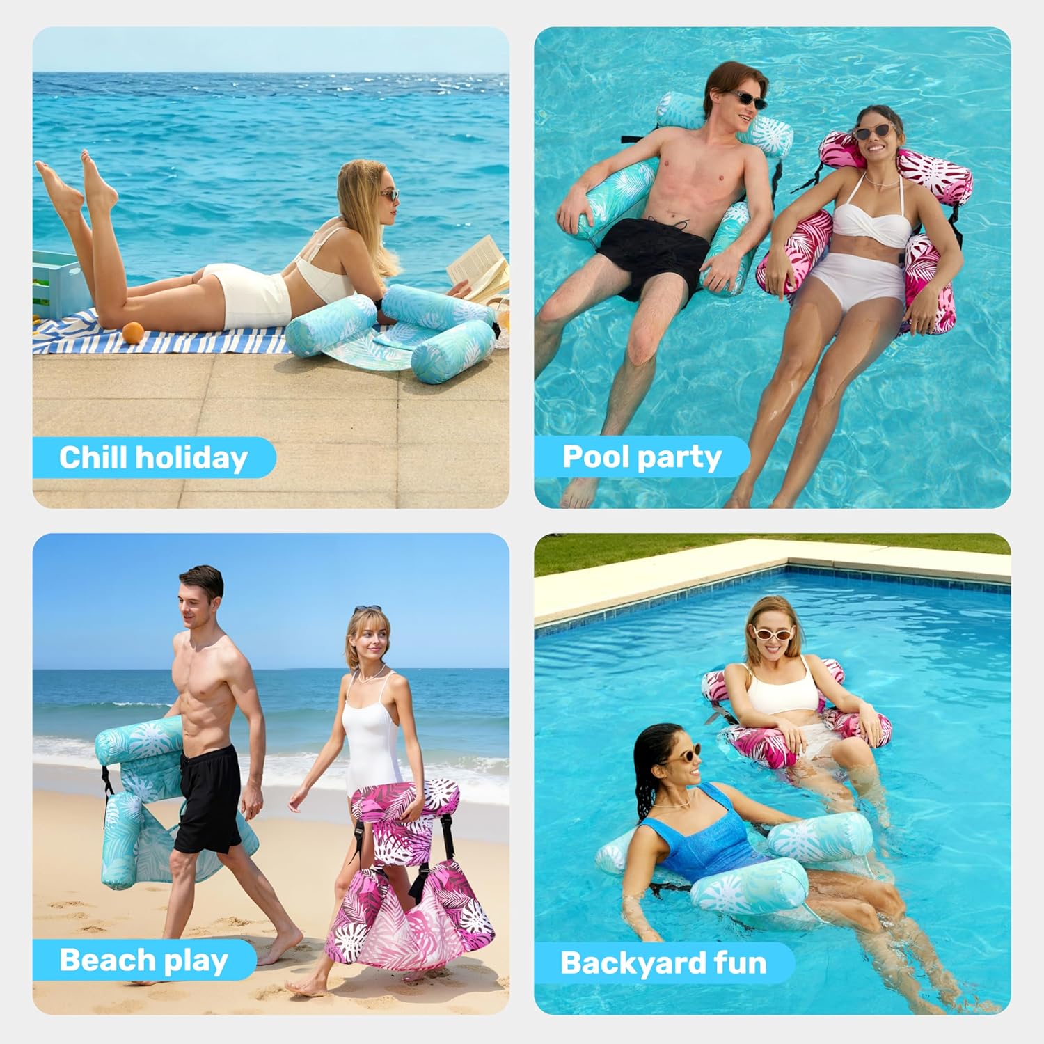 Thumbnail 6 de SLOOSH Inflatable Pool Lounge Chairs (2-Pack) with Mesh Sling & Tropical Design