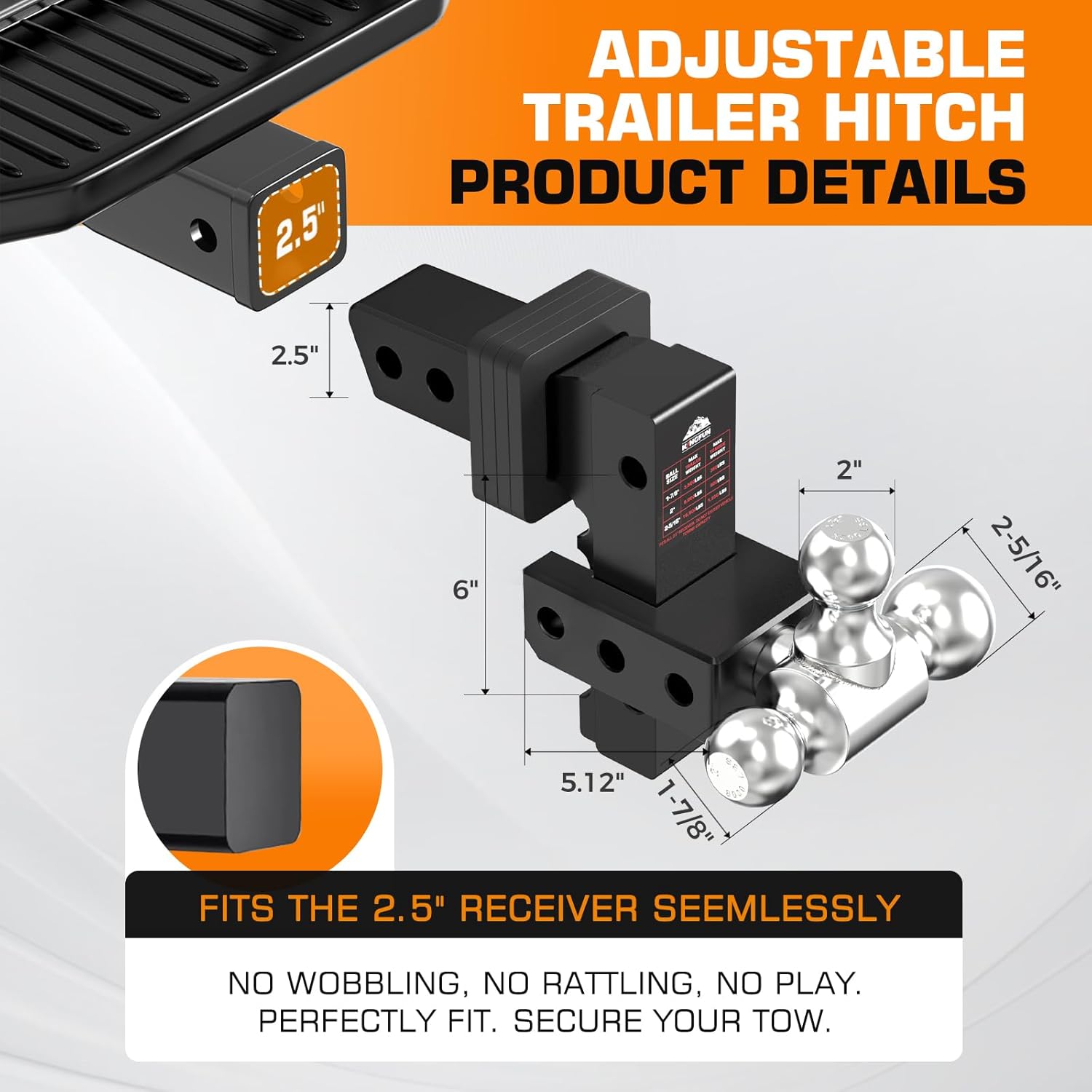 Thumbnail 1 de Kingfun Adjustable Trailer Hitch (2.5" Receiver) with 6" Drop/Rise and Tri-Ball Tow Hitch