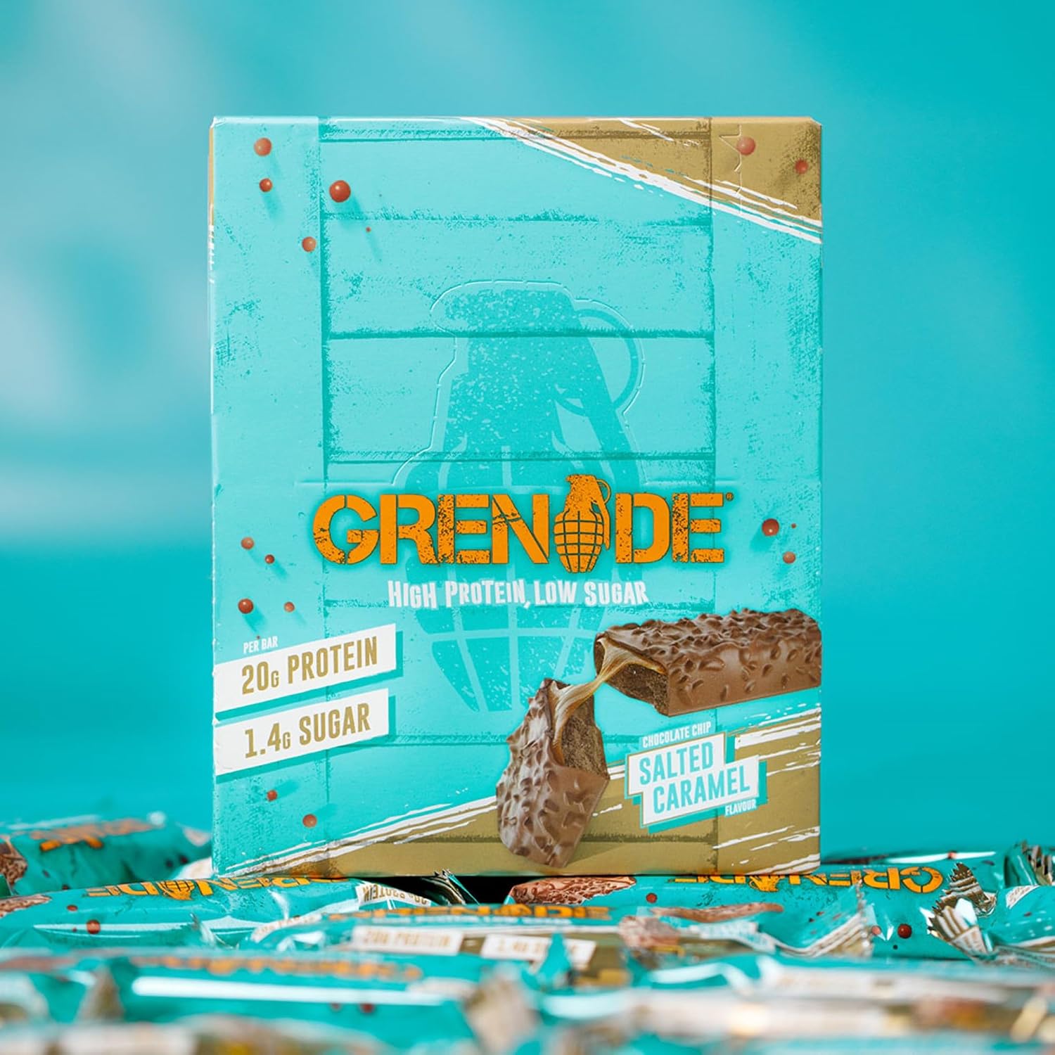 Detalle 2 de Grenade Barre Hyperprotéinée Chocolate Chip Salted Caramel 12 x 60 g 🍫