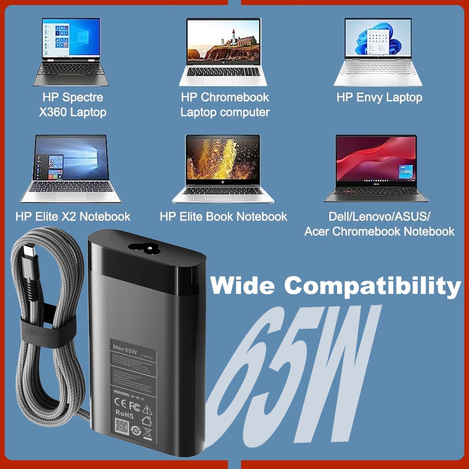 Thumbnail 2 de New Slim 65W USB-C Charger Replacement for HP laptops (Black)