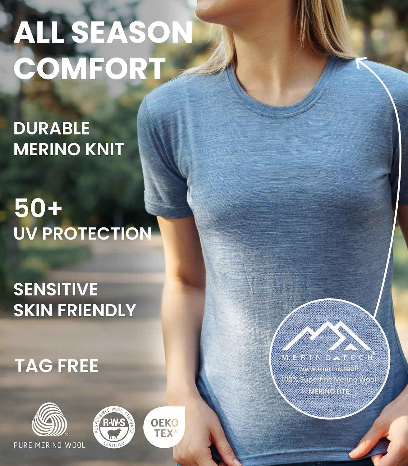 Detalle de Merino.tech 100% Merino Wool T-Shirt for Women (Base Layer Short Sleeve) + Hiking Socks Set