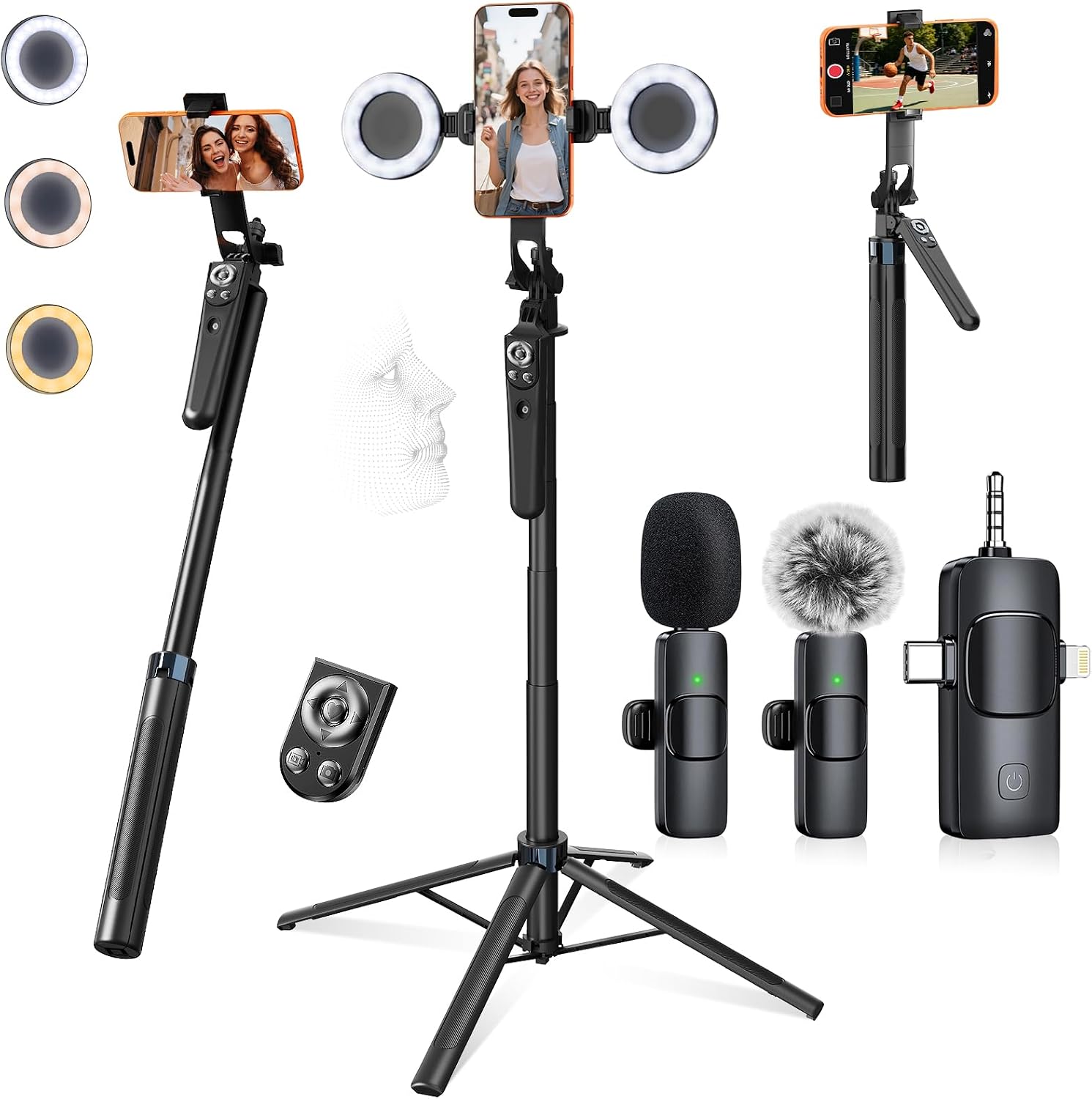 Tripod for iPhone with Light and Remote: 71" Auto Face Tracking Video Kit