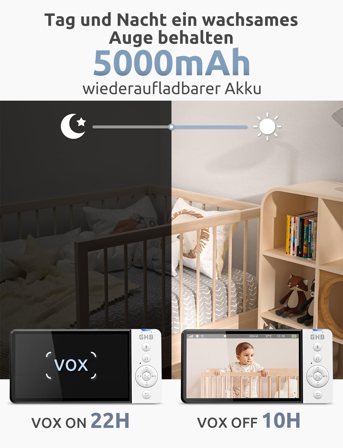 Detalle de GHB Babyphone mit Kamera 5 Zoll HD – VOX-Modus, Nachtsicht, 5000 mAh, 2-Kamera-Erweiterung
