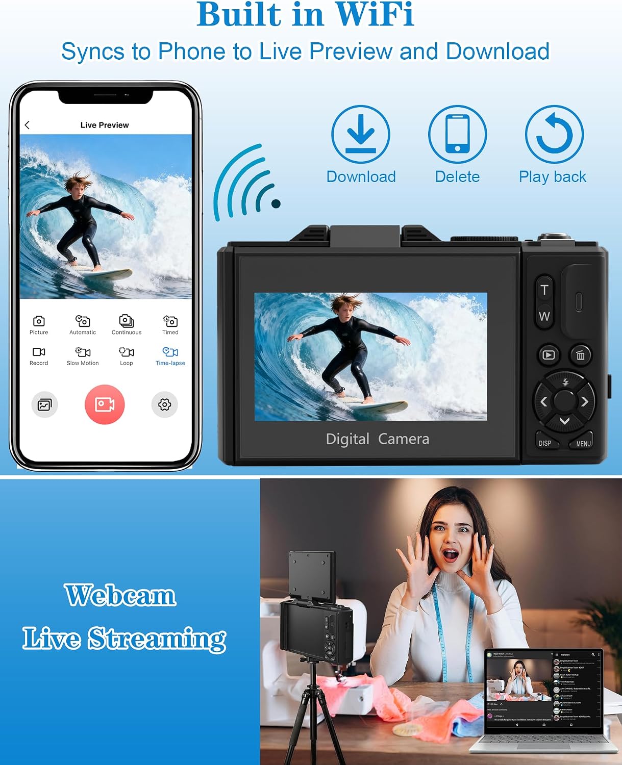 Thumbnail 4 de EYEPICK 5K Digital Camera (75MP) with 180° Flip Screen, WiFi & 18X Zoom, 64GB Kit – Black
