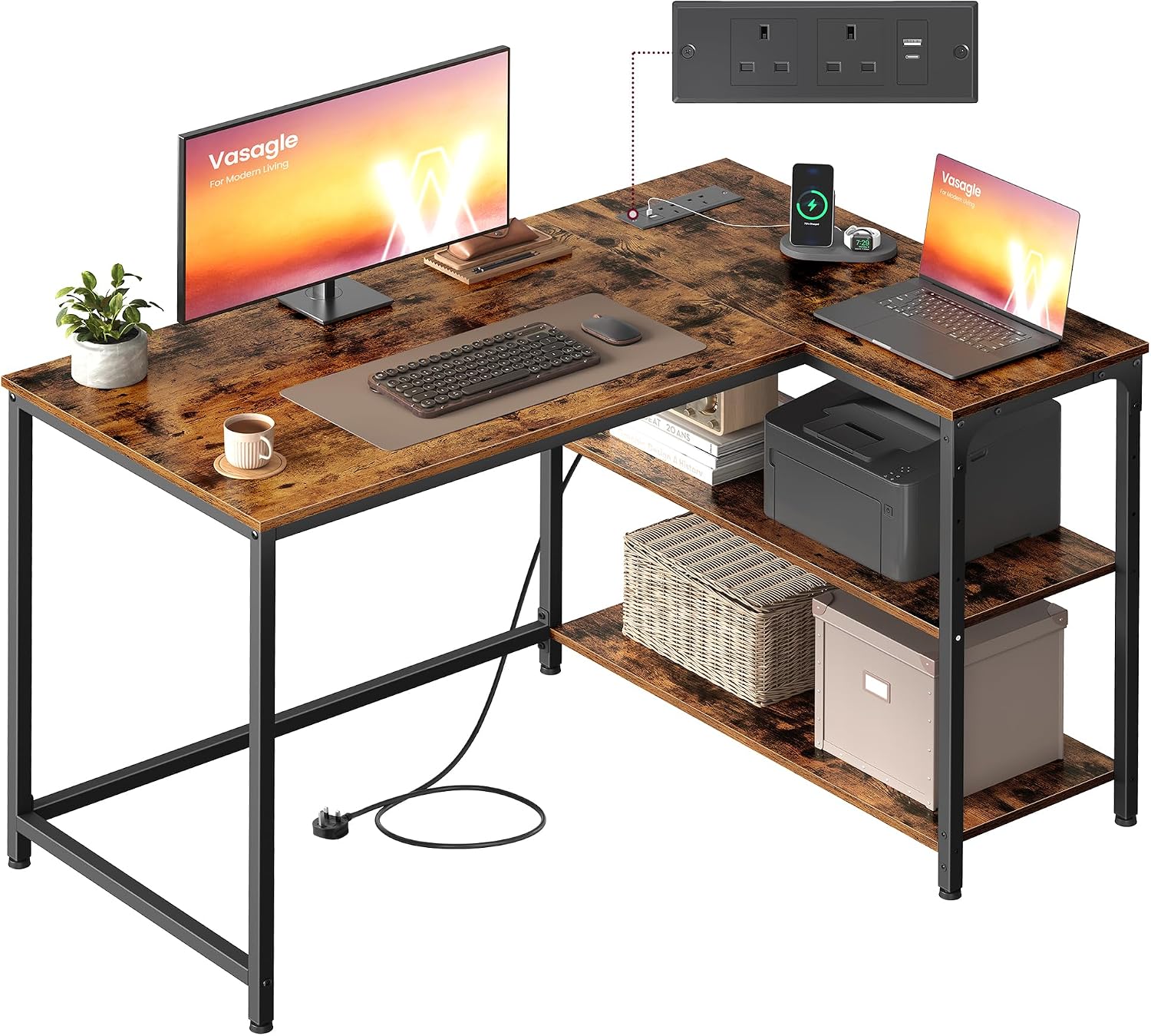Detalle de VASAGLE L Shaped Corner Desk 110 x 80 cm