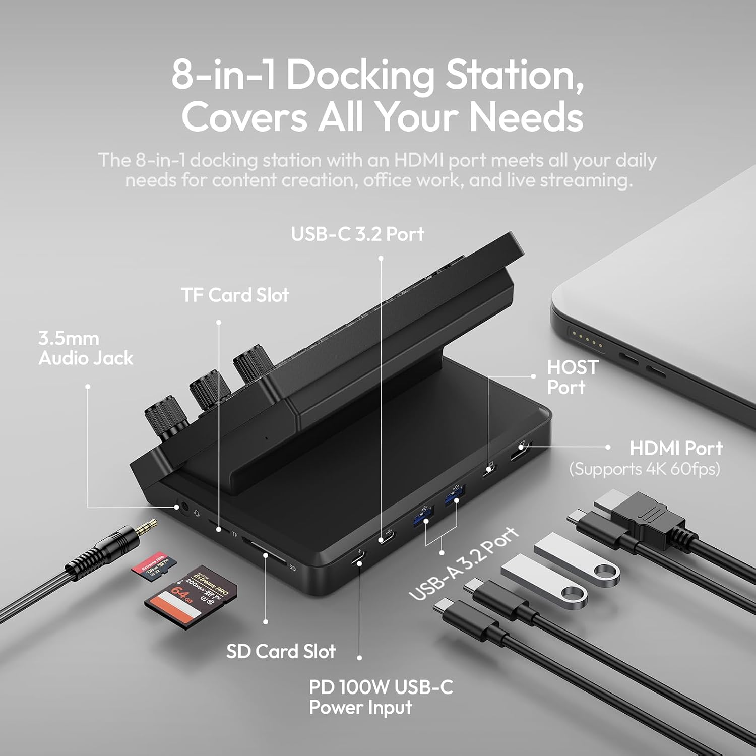 Detalle de ULANZI D200X Flow Controller with 3 Knobs and 14 LCD Keys: 8-in-1 USB-C Hub for 4K HDMI Streaming, Editing, and Content Creation