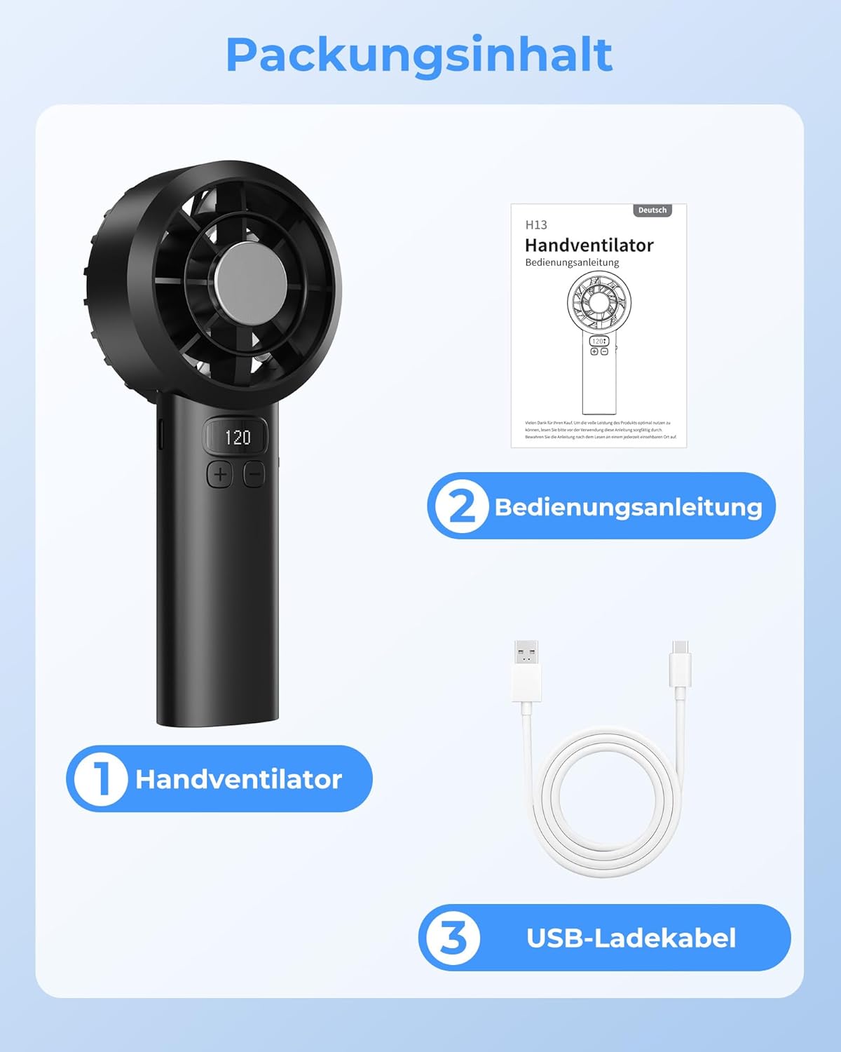 Thumbnail 6 de LUXVANO Handventilator (USB, 120 Stufen, LED-Display, 3000 mAh, Sicherheitsverriegelung) – Schwarz