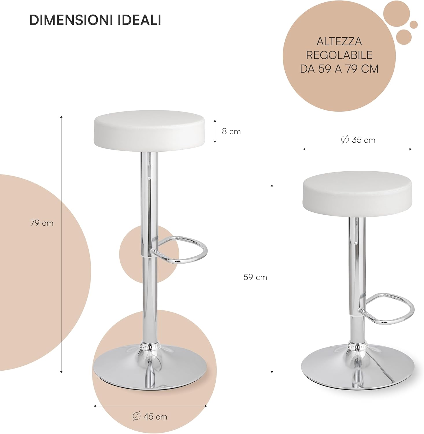 Detalle de Baroni Home Sgabello Bar Girevole con Altezza Regolabile – Bianco, 59–79 cm, Base Cromata